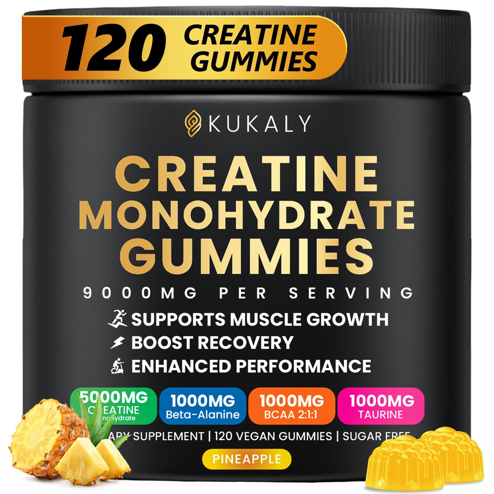 Creatine Monohydrate Gummies for Men &amp; Women, 9000MG Creatine Gummies Sugar Free with L-Taurine, BCAA 2:1, B12 B6 for Boost Strength, Focus &amp; Endurance, Vegan, Non-GMO, Pineapple 120pcs