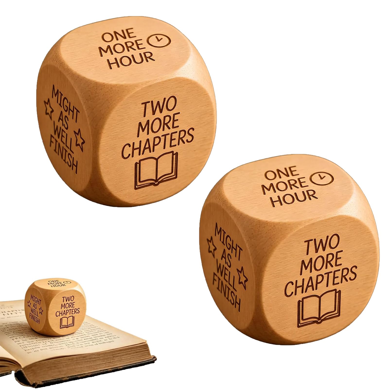 Wooden Reading Decision Dice, Fun Reading Decision Dice, Reading Challenge Dice with 6 Engraved Prompts, Fun Book Club Play, Bookshelf Decor, Funny Gift for Reader & Teachers & Librarians (2PC)