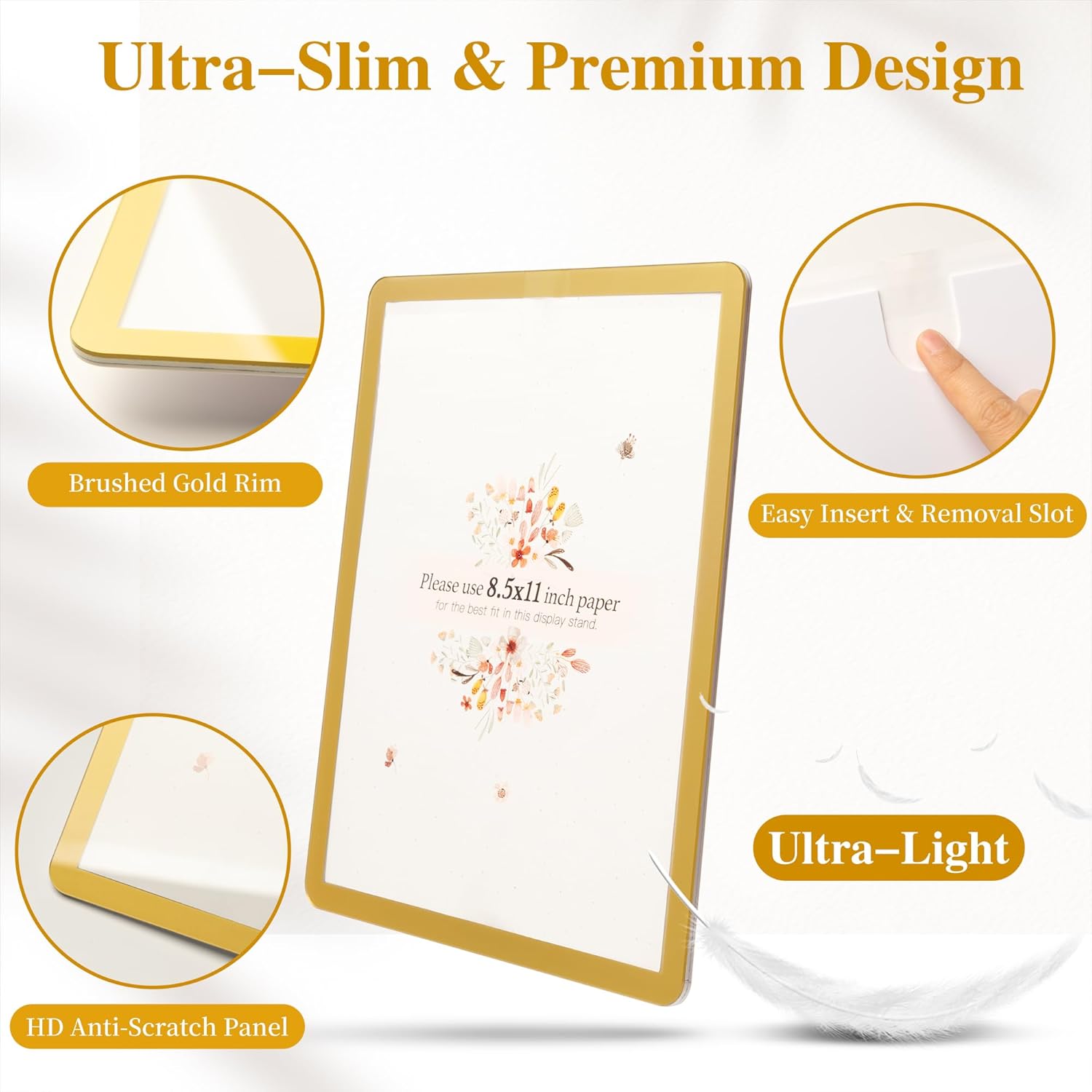 Acrylic Gold Picture Frames 3 Pack, 8.5 by 11 Photo Frame No Drilling, Self-Adhesive Sign Holder Wall Mounted Display for Diploma, Certificate, Letter Size Award, Home & Office (Vertical/Horizontal)