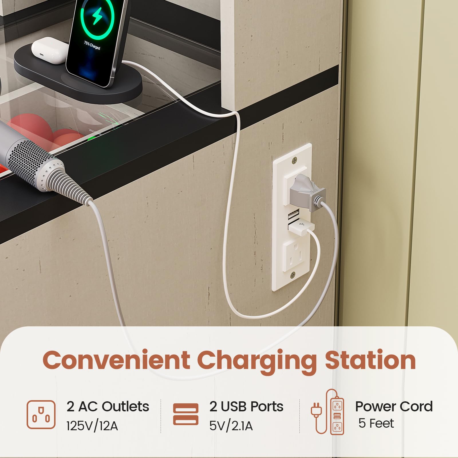 BTHFST Farmhouse Vanity Desk with Sliding Mirror and Lights, Large Makeup Vanity with Glass Top & Charging Station, Vanity Table with 5 Drawers & Shelves & Cabinets, Antique White