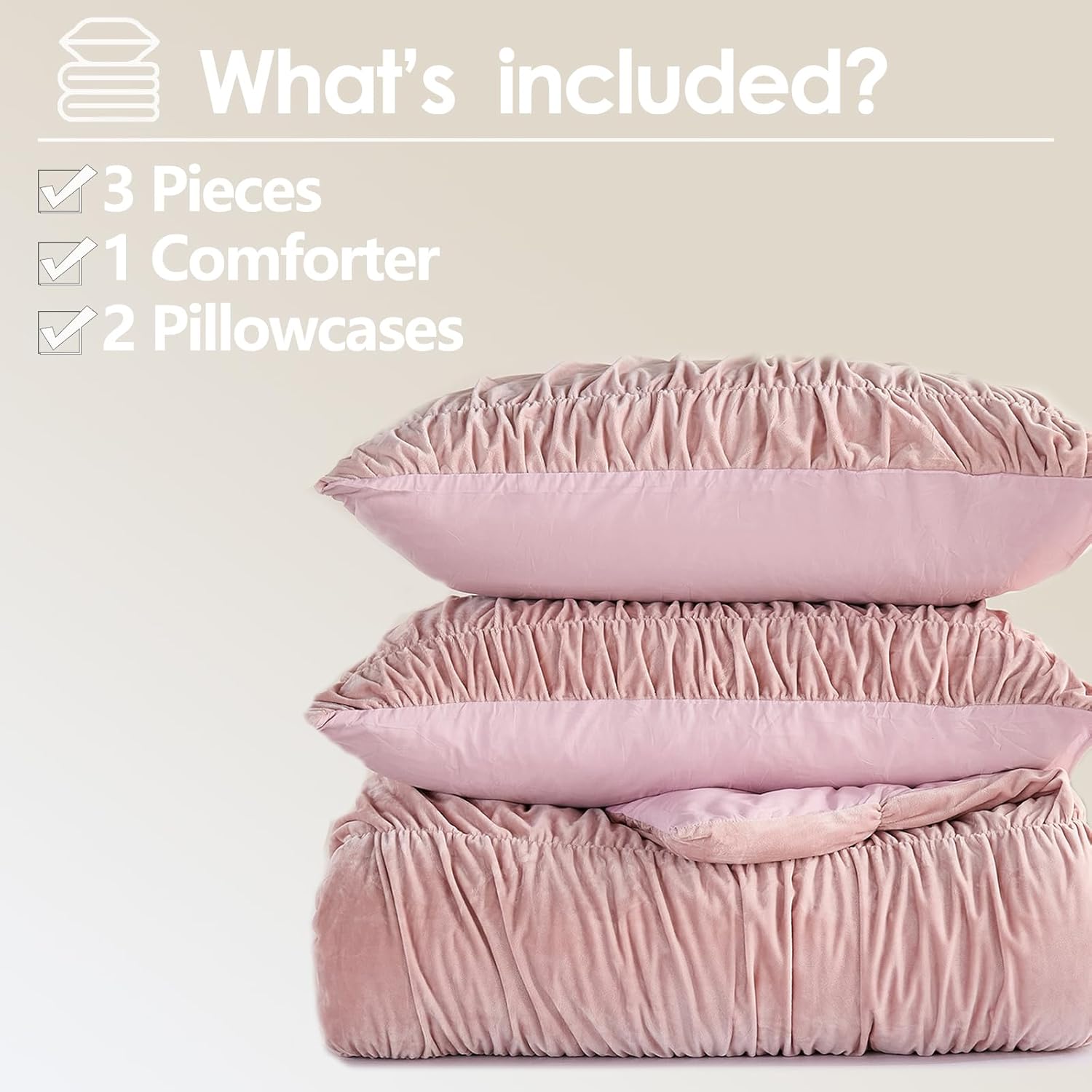 Bedbay Pink Velvet Queen Comforter Set,Boho Shabby Chic Ruched Bedding Comforter,Aesthetic Vintage Bedding Fluffy Ruffle Comforter Set,Ultra Soft Velvet Chenille Quilt Set,Pink Full/Queen 3 Piece