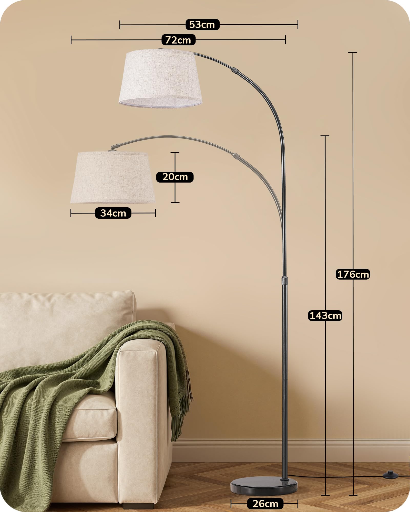 EDISHINE Lampada da Terra per Soggiorno, Altezza Regolabile 143-176 cm, Lampada ad Arco con Testa Rotante, Struttura in Metallo, Telecomando Magnetico, Dimmerabile, Attacco E27 con LED 9W Inclusa