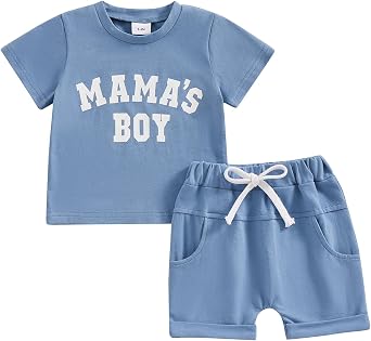 Mamas Boy Baby Toddler Boy Clothes Infant Summer Outfits Short Sleeve Letter T Shirt Shorts Set 6 12 18 24 Mos 3T Blue, 18-24 Months
