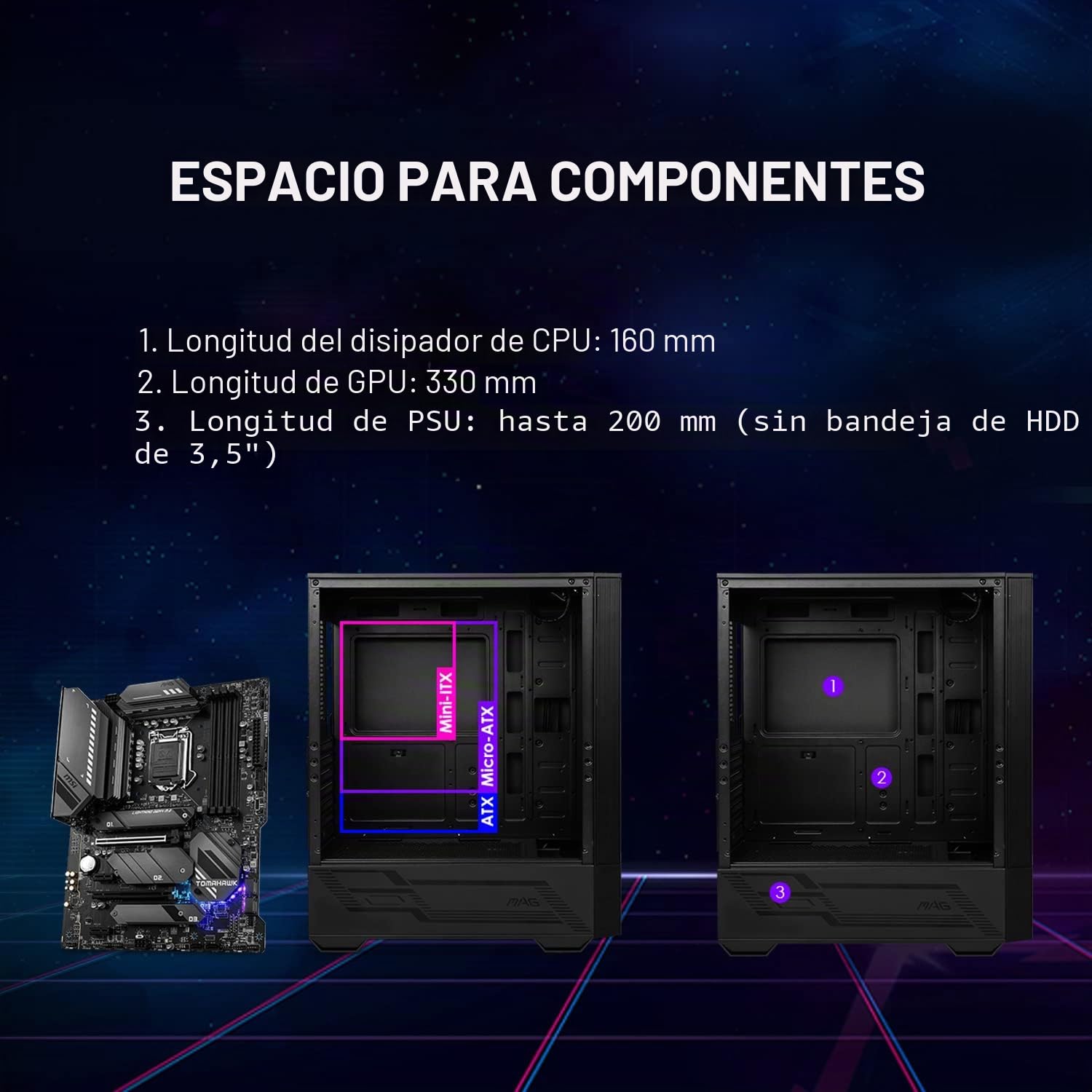 MSI Caja de Juegos de PC de Torre Media - Panel Lateral de Vidrio Templado - Ventilador aRGB de 4 x 120 mm - Soporte de refrigeración líquida de hasta 240 mm Radiador x 1 - mag Forge 112R