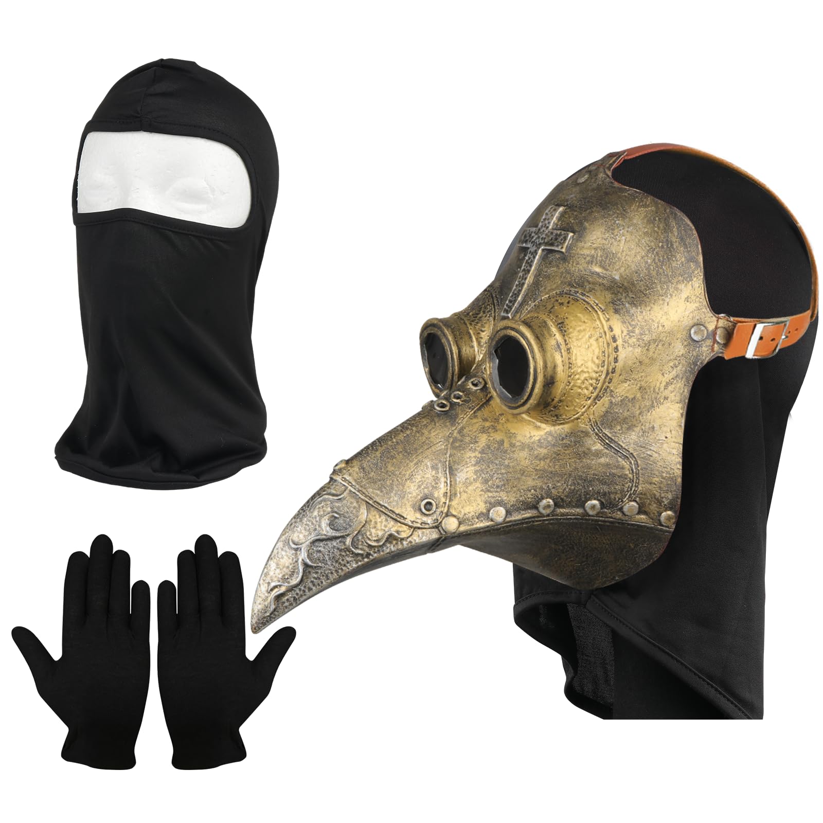 Plague Doctor Mask, Retro Leather Plague Doctor Bird Mask, Long Nose Beak Steampunk Props and Black Gloves