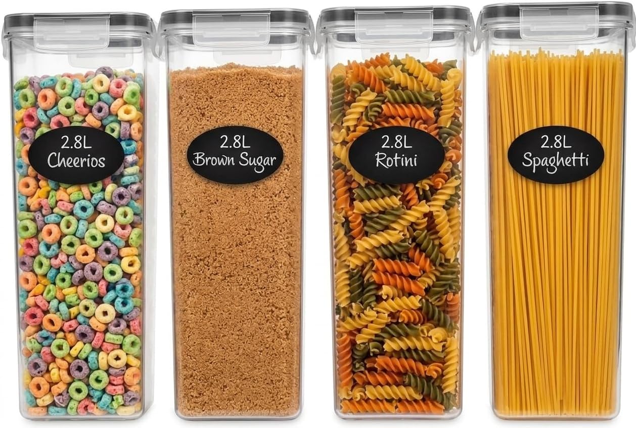 Airtight Food Storage Containers with Lids Set of 4-95 fl. oz Pasta storage Containers, BPA Free Plastic Spaghetti container - Air Tight Canisters for Kitchen Pantry Organization