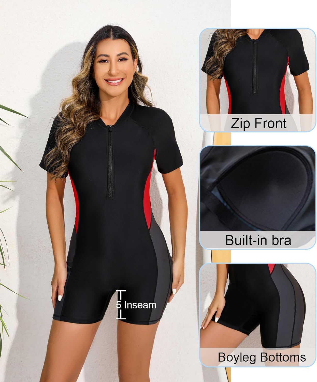 Halcurt Women's Boyleg One Piece Rash Guard with Built in Bra Zip Front UPF50+ Short Sleeve Full Body Surfing Swimsuit - Image 5