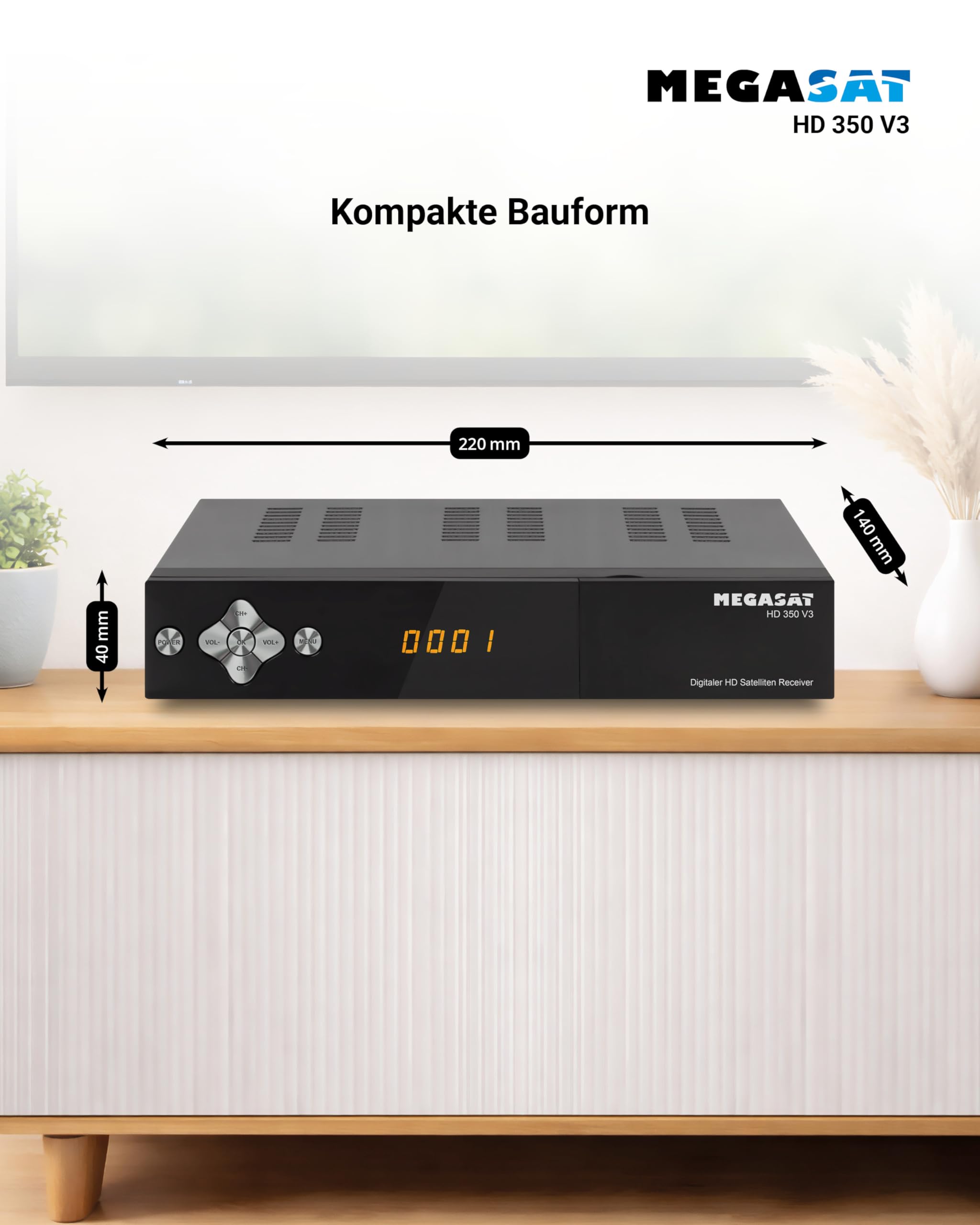 Megasat HD 350 V3 – HD-Sat-Receiver, HDMI, SCART, 2 × USB – Schwarz | Free-to-Air Satelliten-Receiver, DVB-S2, Mediaplayer, Display, 230/12 Volt