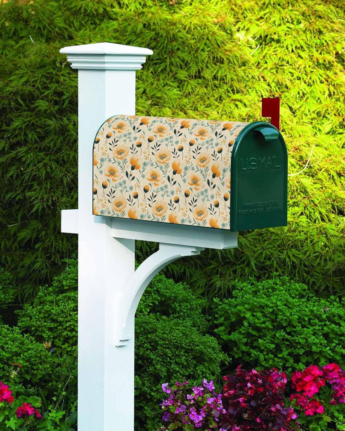 Orange Flower Mailbox Covers Magnetic, Mailbox Cover Wraps Post Letter Box Cover Garden Yard Farmhouse Home Decor for Outdoor 21.7x18.5 Inches Vintage Spring Romantic Bloom Floral Leaf