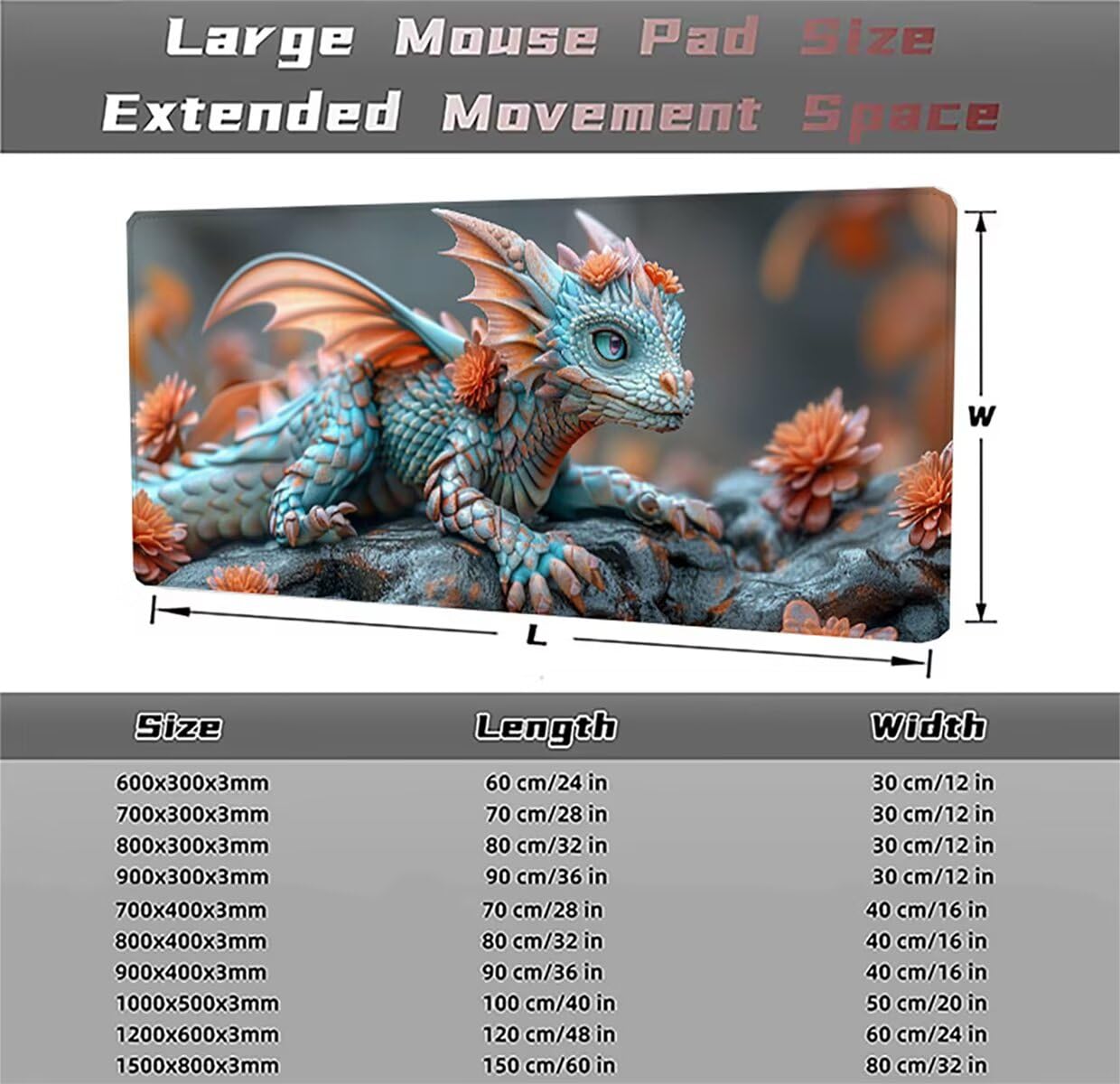 Podkładka pod mysz do gier XXL duża mysz 1500 x 800 x 3 mm, duża podkładka pod biurko z antypoślizgową gumową podstawą dla graczy PC, poprawia precyzję i szybkość smoka PjY13211 N-U