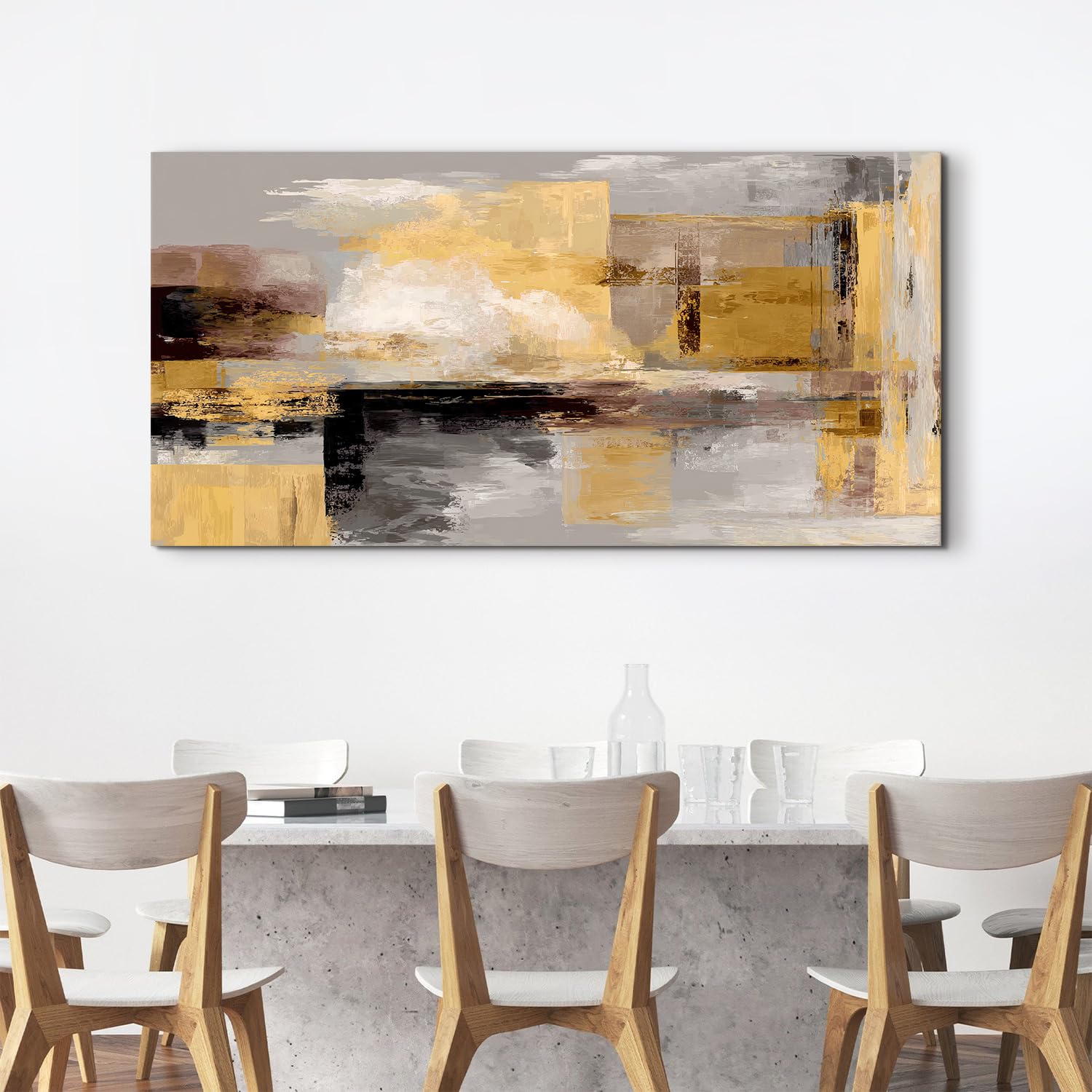 AREBOLO Grande Tableau Décorative Abstrait 50x100 cm - Affiches Impression sur Toile Moderne - Décoration Murale pour Salon et Chambre Or Jaune - Noir Beige - Abstraction Décoration Murale Luxe