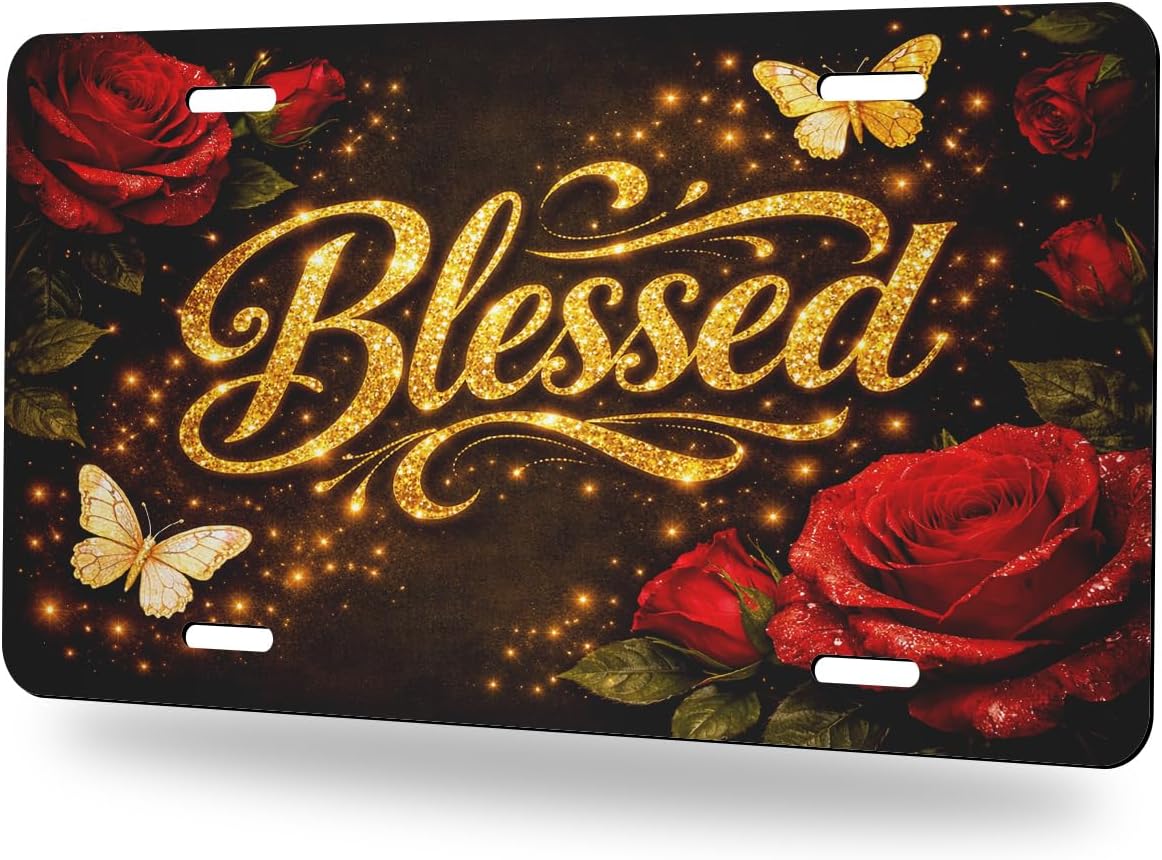 Blessed Front License Plate Golden Butterfly Rose Car Decorative License Plates Aluminum Metal Decor Accessory Novelty Vanity Tag Cover with 4 Holes for Men Women 6" X 12"