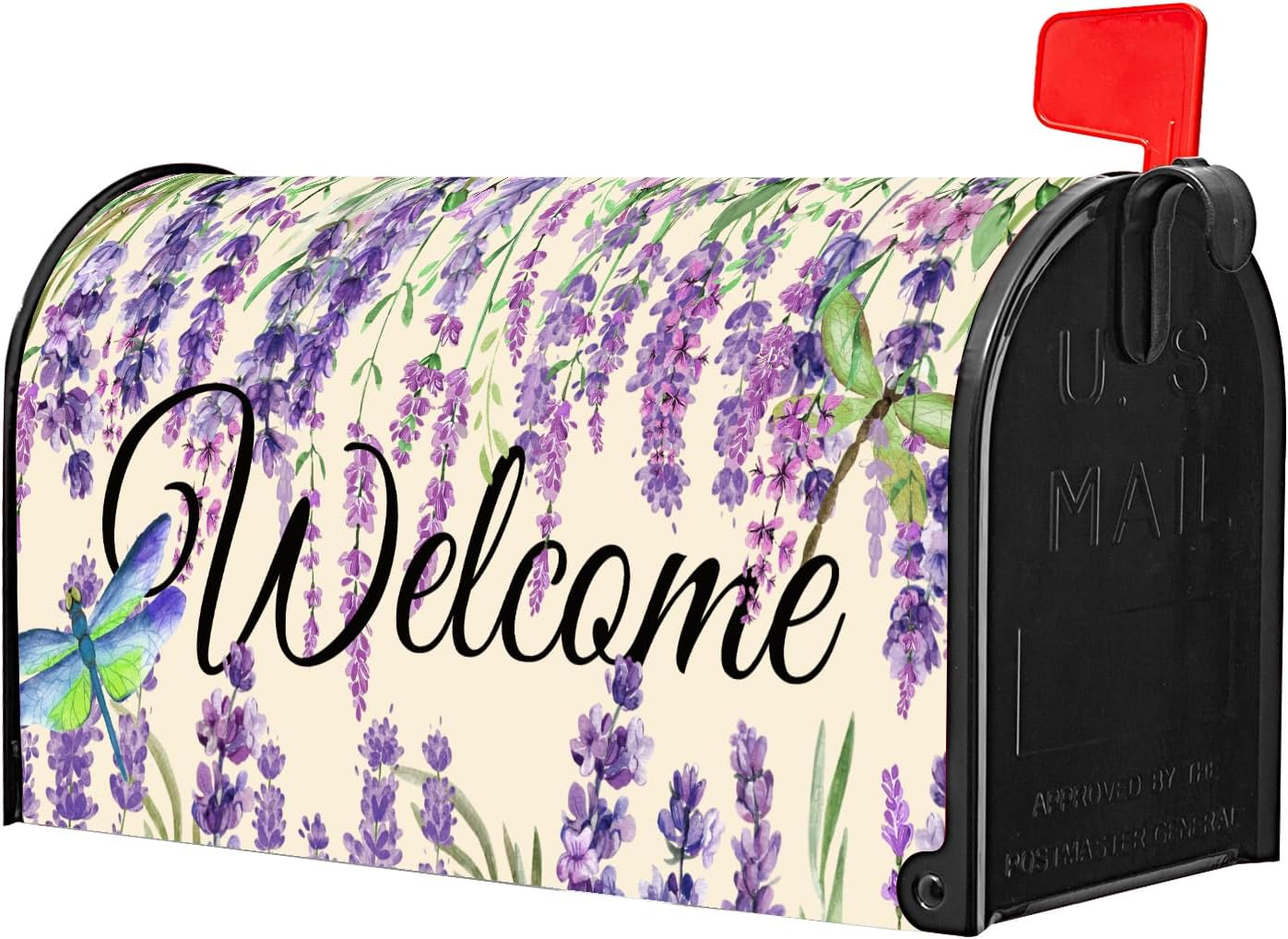 Lavender Welcome Magnetic Mailbox Covers Standard Size 21x18 in, Farmhouse Summer Purple Flower Floral Polyester Cloth Mail Letter Post Box Wrap Cover for Garden Home Decor