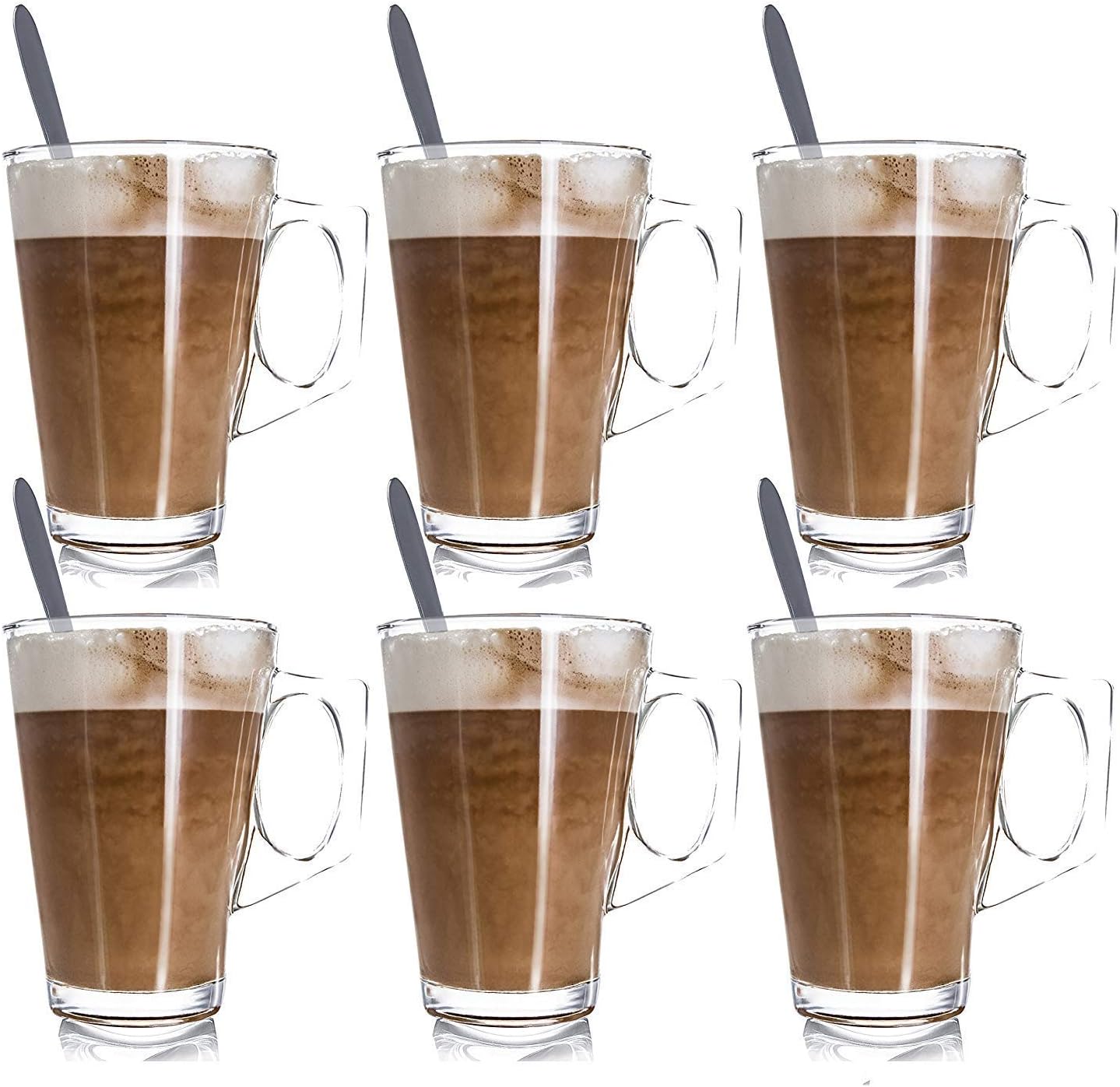 JPN 6PC Premium Latte Glasses Mugs 250ml & 6 Spoons Set Ideal for Espresso, Cappuccino, Coffee, Tea, Hot Chocolate, Hot Drinks, Tassimo & Dolce Gusto Coffee Machines 8.8oz