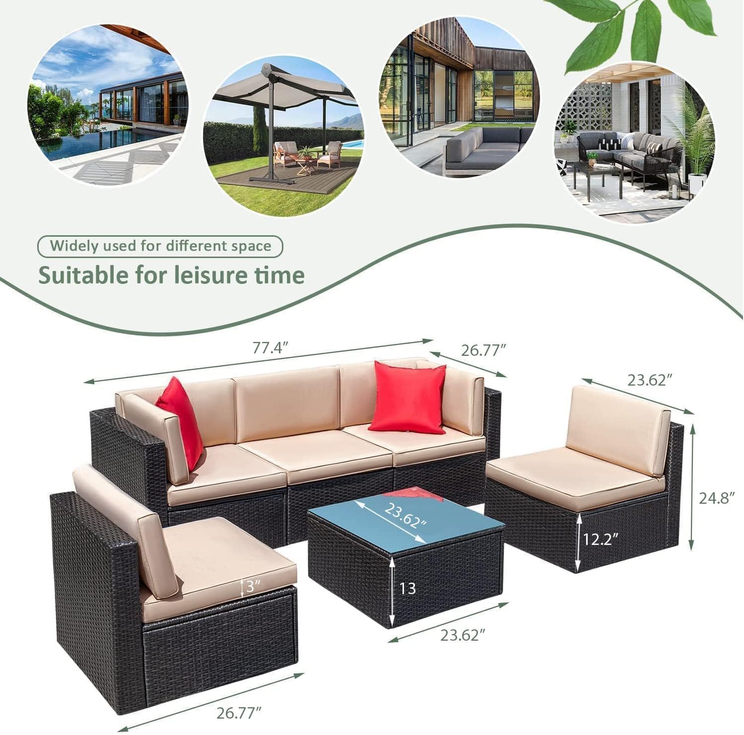 Devoko Patio Furniture Sets 6 Pieces Outdoor Sectional Rattan Sofa Manual Weaving Wicker Patio Conversation Set with Glass Table and Cushion (Beige)