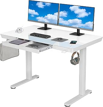 INNOVAR Electric Standing Desk, 120 x 60cm One-Piece Glasstop Stand Up Desk with Drawer & 2 Charging Ports, 4 Memory Height Adjustable Desk for Home Office,White