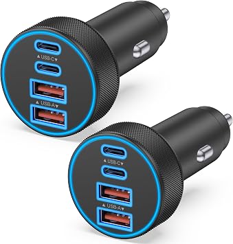 2 Pack Car Charger USB C, 4 in 1 90W Fast Charging 4-Port Car Phone Charger