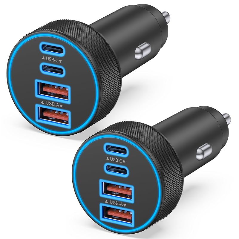 Carregador veicular JUNVANG USB-C e USB-A com 4 portas, 90 W, compatível com 12–24 V, kit com 2 unidades