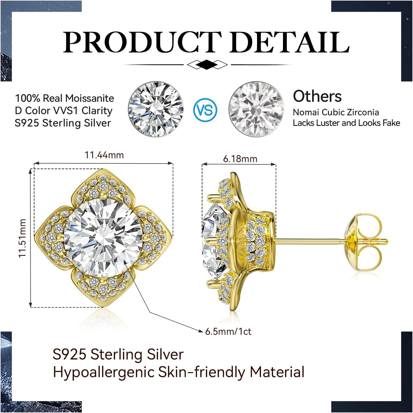 HELLOICE Moissanite Four Leaf Clover Stud Earrings 925 Sterling Silver Lucky 4 Leaf Clover Stud for Women Men D Color VVS1 Clarity Fashion Jewelry Gifts