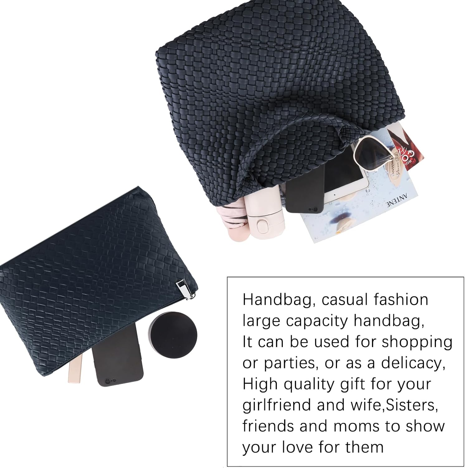 Women's Vegan Leather Tote Bag – Handmade Woven Beach Bag, Travel Handbag with Purse & Top Handle Hobo Tote(Navy blue)