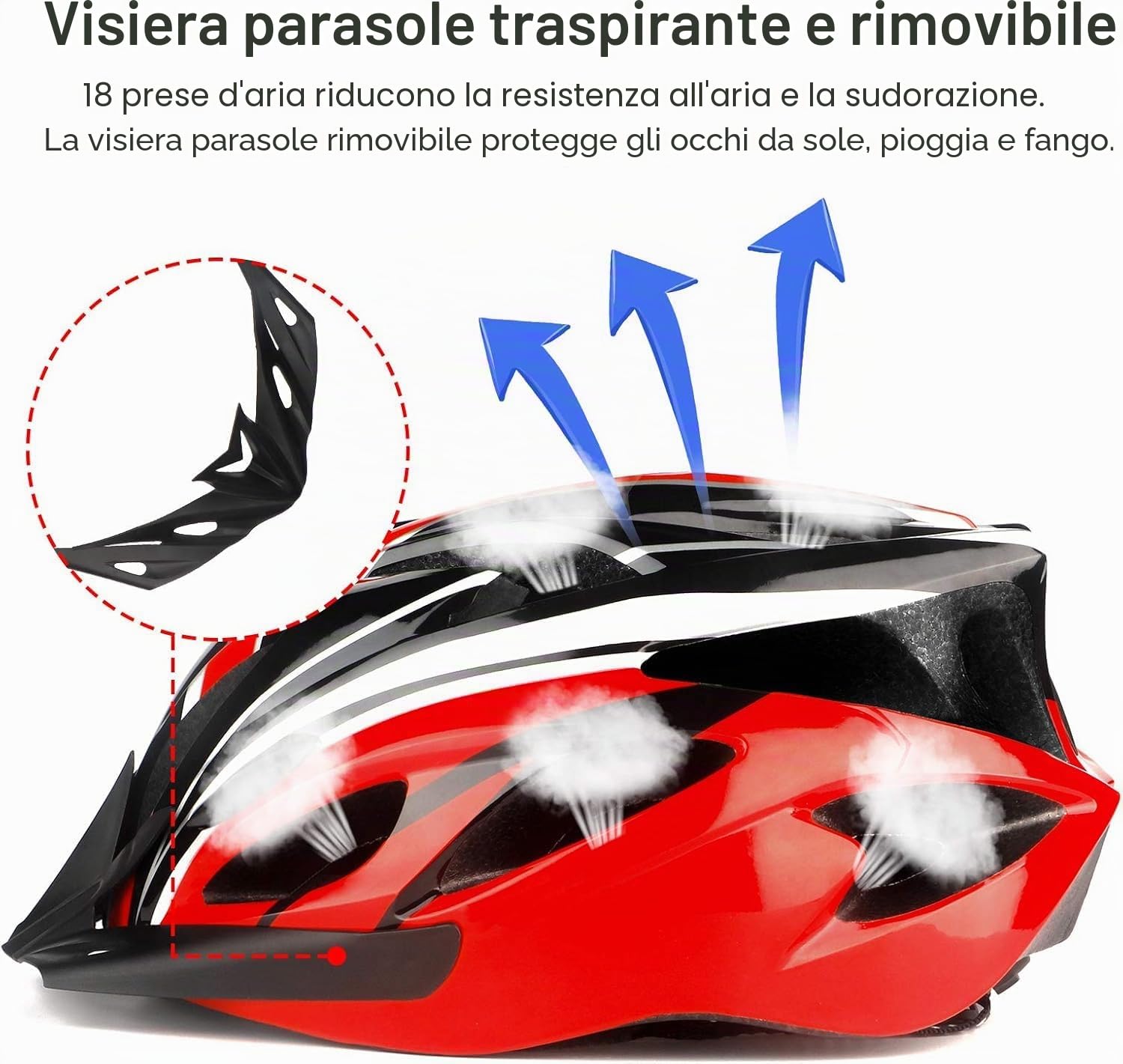 Casco da Bicicletta per Adulti, Uomo e Donna, Corpo EPS + Guscio PC, Mountain Bike, con Visiera Rimovibile e Imbottitura, Regolabile, 58-61 cm