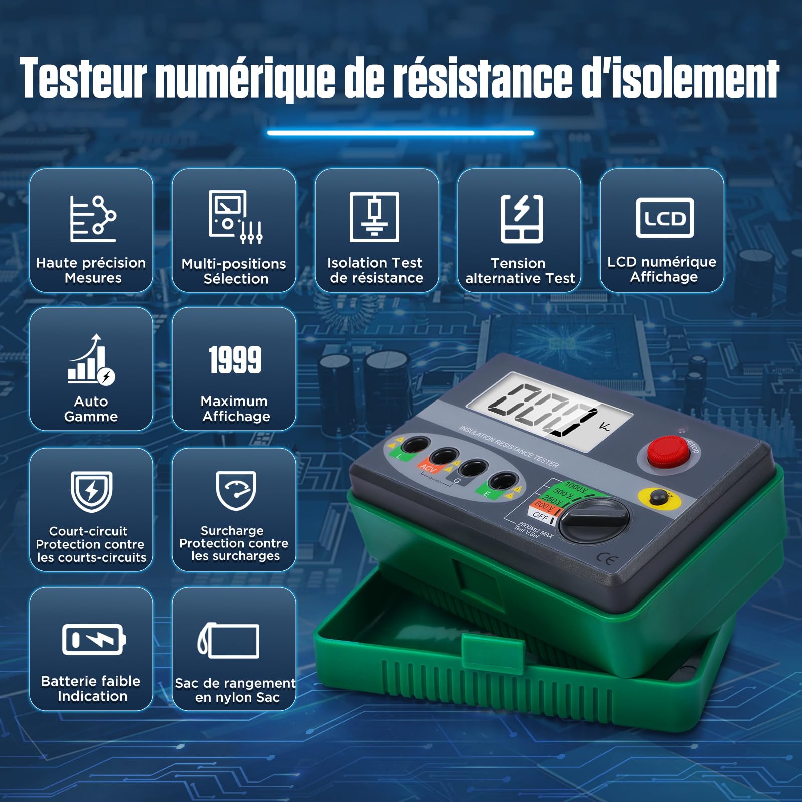KAISAL Testeur de Résistance d'Isolation 0-2000MΩ Numérique Mégohmmètre