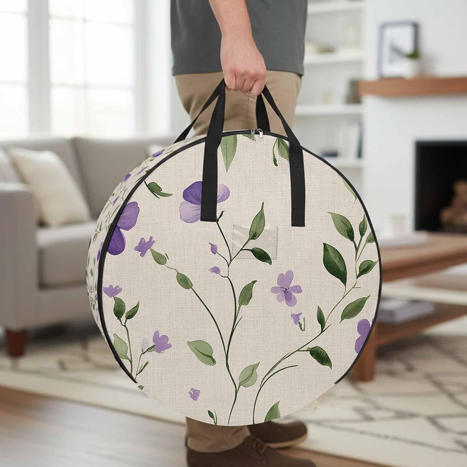 Spring Flowers Round Storage Bag 36 Inch, Purple Floral Leaf Vintage Clothes Storage Container with Handles Heavy Duty Organizer for Comforter, Bedding & Holiday Wreaths