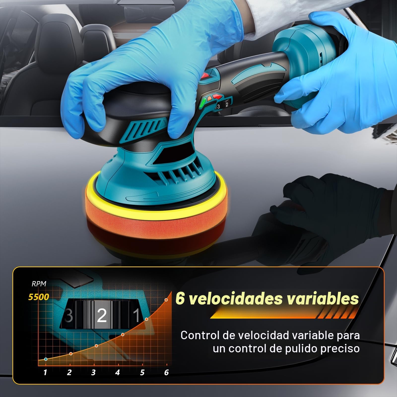 Pulidora Coche Inalámbrica 150 mm Orbital Doble Acción con 2×21V 2000mAh Baterías, Kit 13 Piezas, 6 Velocidades Ajustables 5500RPM, Pulidora Batería para Encerar, Eliminar Arañazos y Renovar Pintura