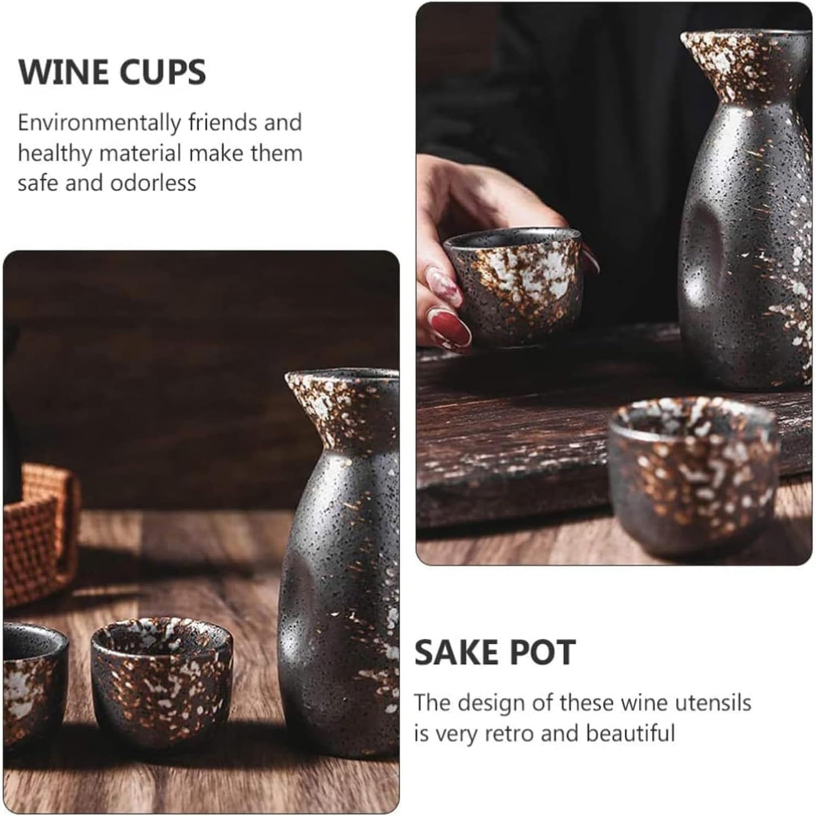 Service à saké Japonais Traditionnel Vintage en céramique, 5 pièces, Comprenant 1 Pot à saké et 4 Tasses à saké.