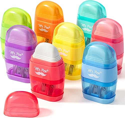 Mr. Pen - Sacapuntas y borrador, paquete de 8, colores brillantes, 2 agujeros de afilado, sacapuntas de mano