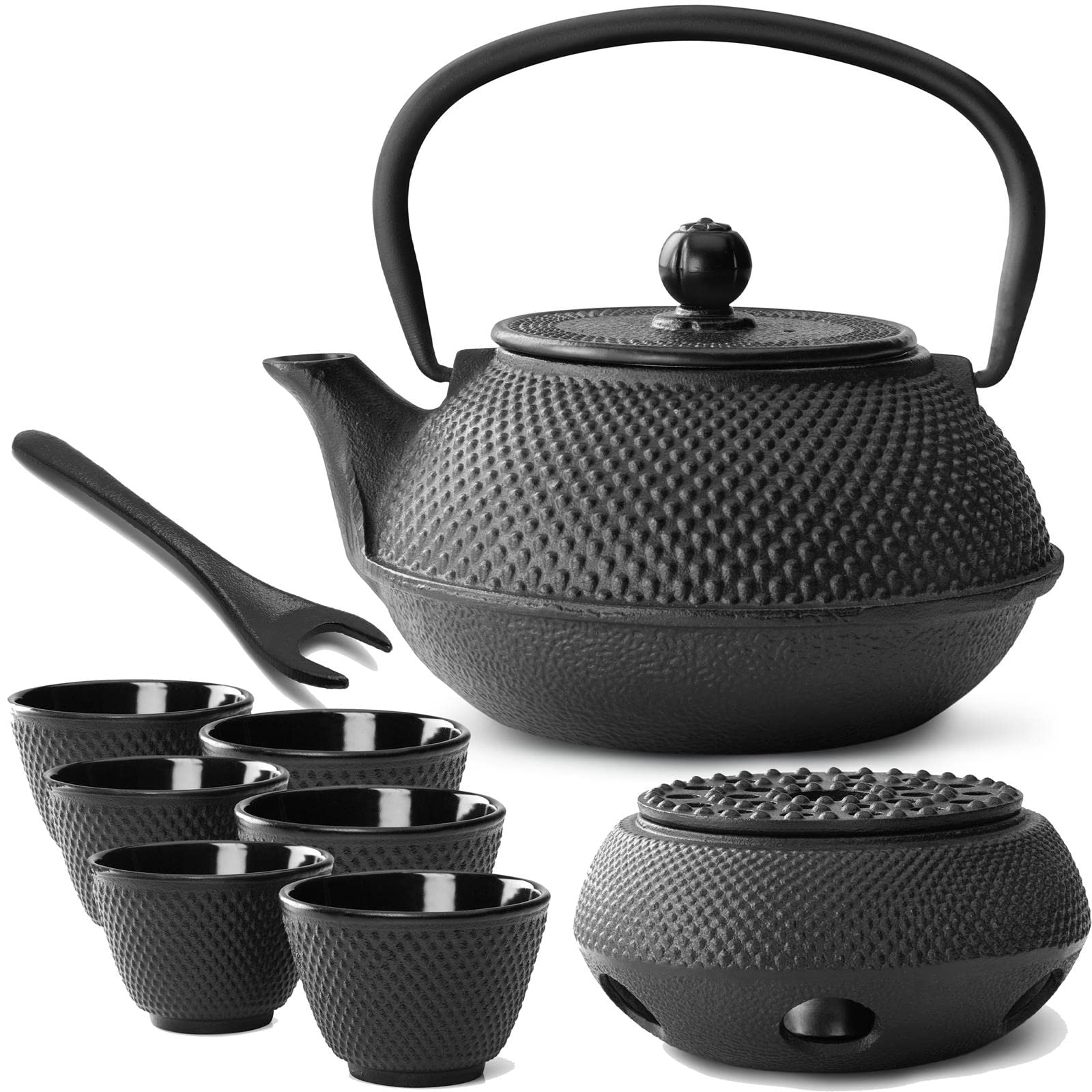 Bredemeijer Teekanne asiatisch Gusseisen Set 0.8 Liter - schwarze Gusskanne mit Henkel & Edelstahl Tee-Filter Sieb-Einsatz für losen Tee & 6 Teebecher (Tassen) & Stövchen & Deckelheber
