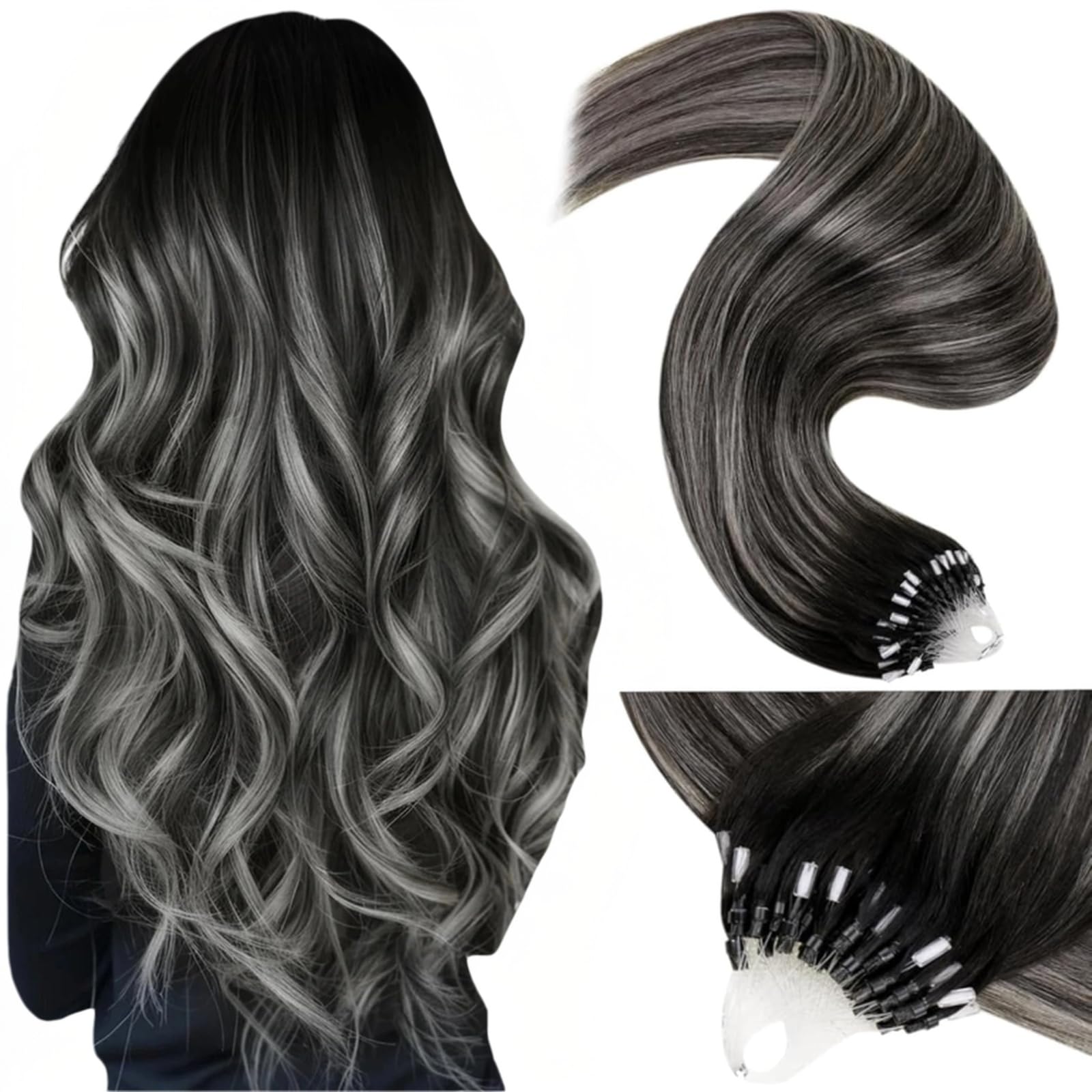 LaaVoo Micro Ring Hair Extensions Real Human Hair Black Remy Straight Balayage Natural Black & Silver Invisible Micro Beads Hair Extensions 50g 50s 18 Inch #1b/s/1b