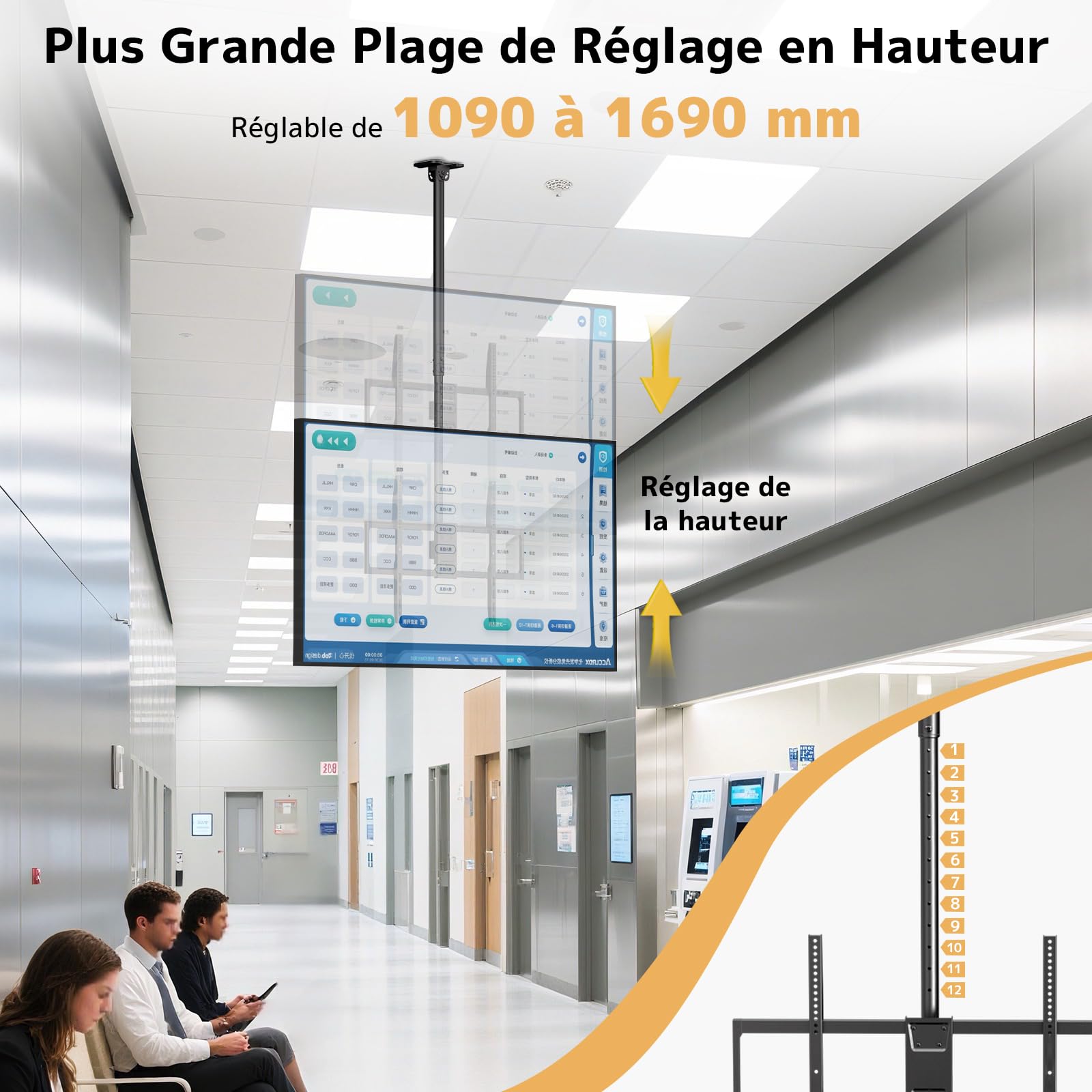 Support TV Plafond pour Écrans 50 à 100 Pouces, Charge 80 kg, VESA Jusqu’ à 800x600 – Réglable en Hauteur (1090–1690 mm), Inclinable et Pivotant, Support Professionnel pour Commerces et Cinéma Maison