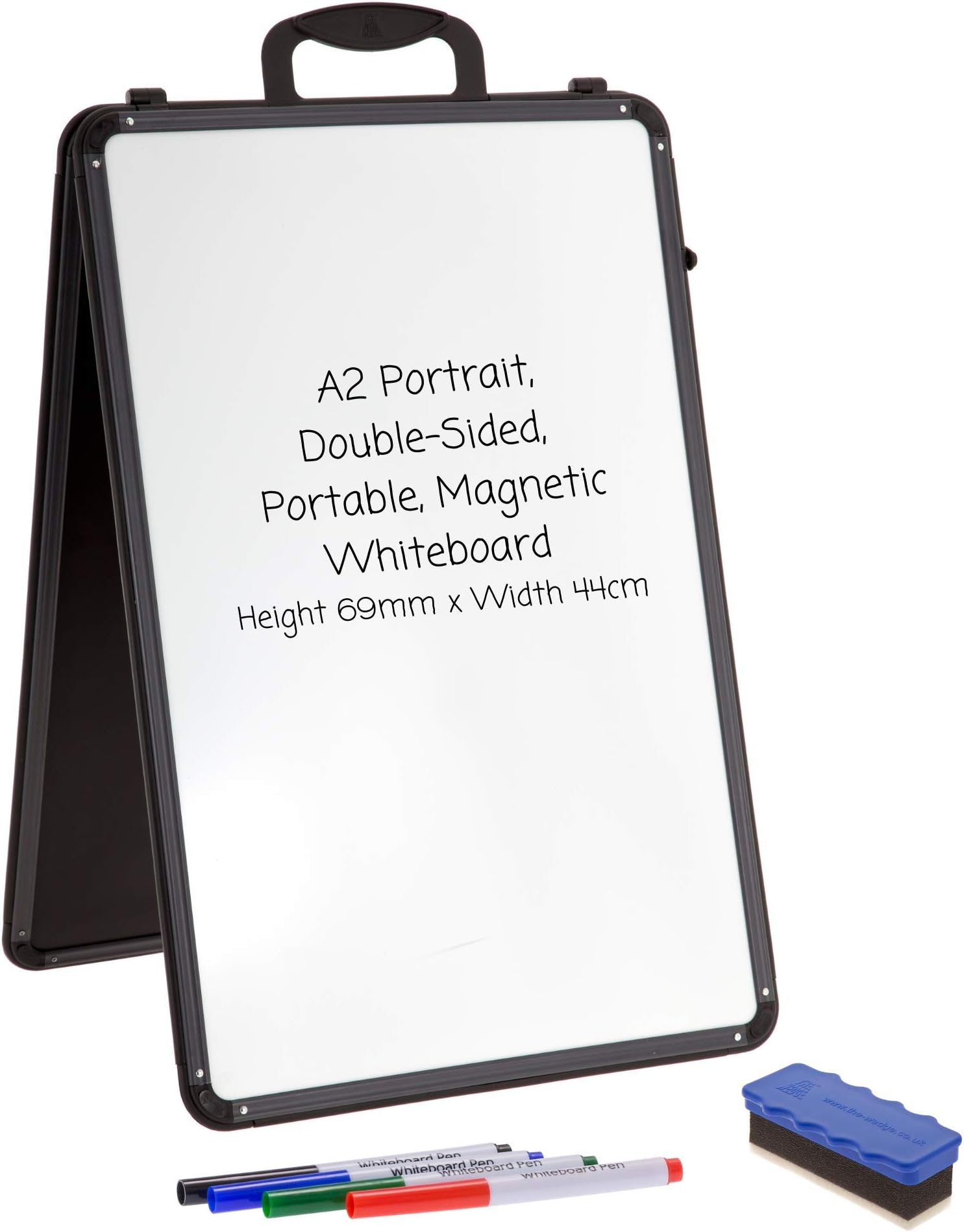 wedge A2 Magnetic Dry-Wipe Portable Desk Top Whiteboard, Folds Flat, with Carry Handle – for Schools and Home Learning (Portrait, Grey & Black)