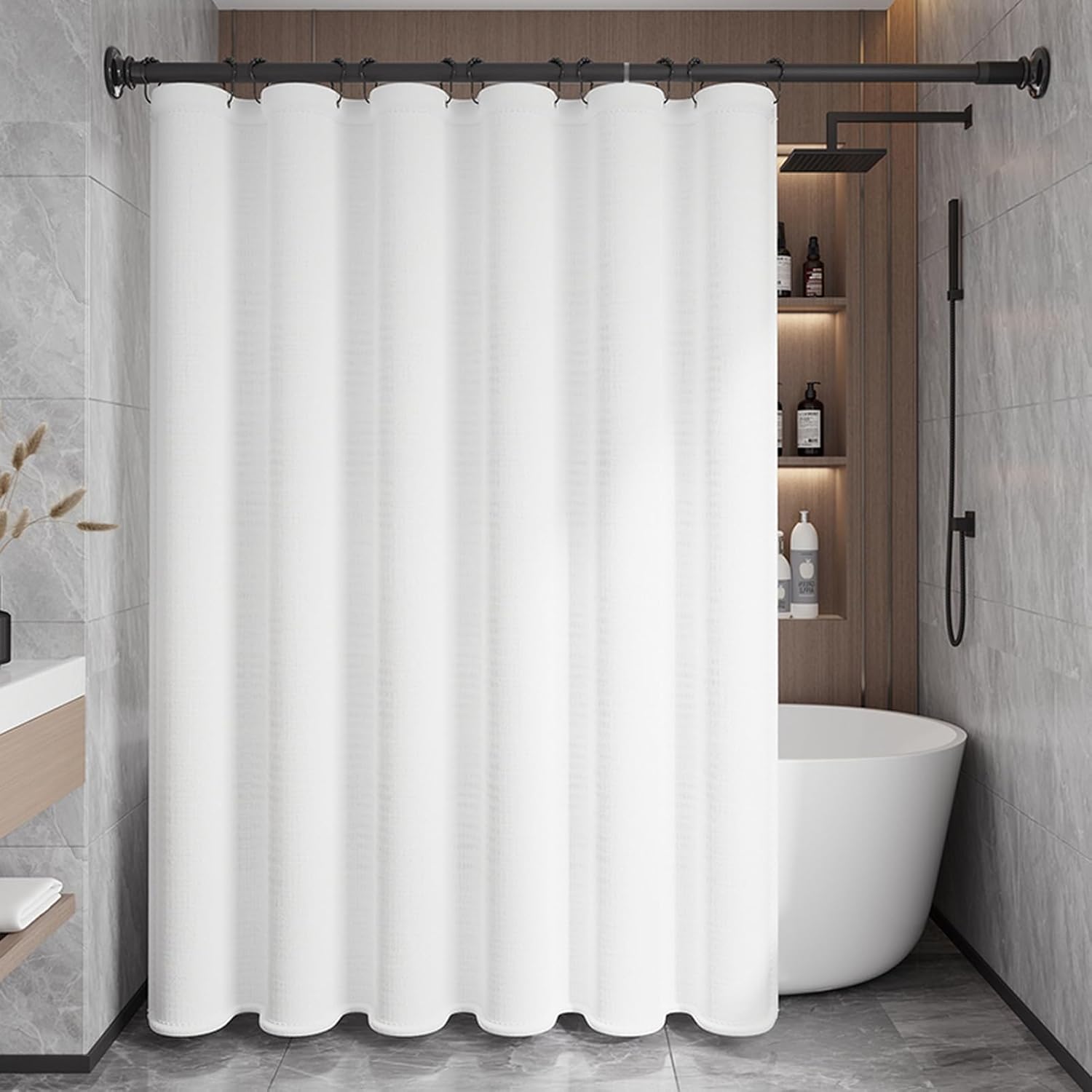 Liveinu Fabric Shower Curtain, Waterproof, Quick-Drying, Weighted Hem, Country Boho Farmhouse Bath Decor, Shower Curtains Set for Bathroom with Hooks, Beige, 40" W x 80" H