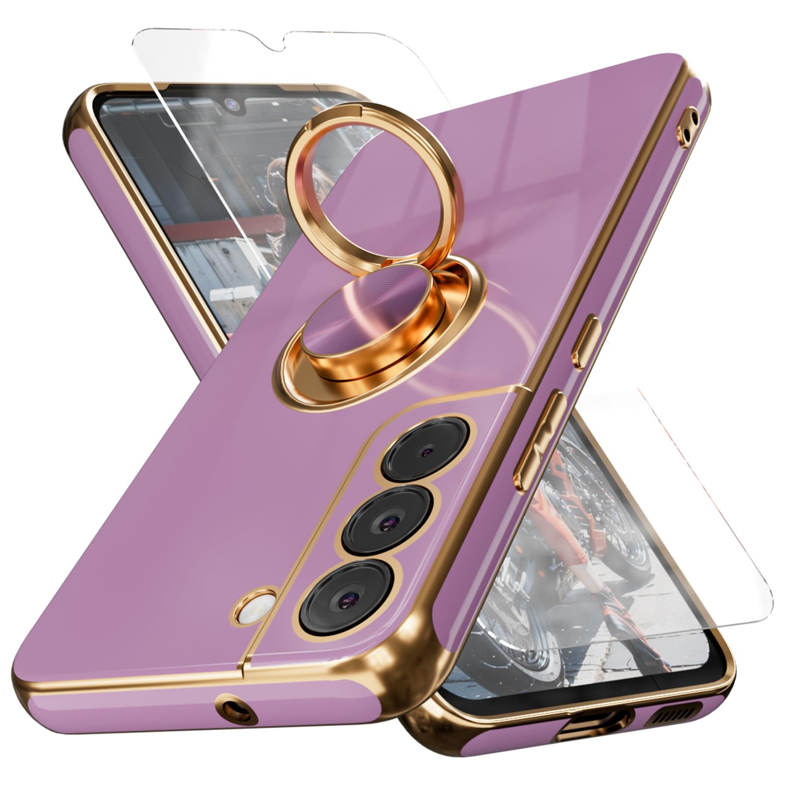 for Samsung Galaxy S22 Case,+Screen Protector,with Magnetic Kickstand,Built-in 360° Rotation Ring Holder,Plating Gold Edge Slim Soft TPU Shockproof Protective Case for Samsung S22, Purple