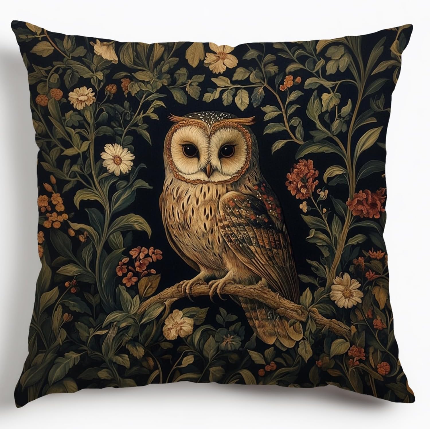 Vintage Floral Owl Design Velvet Throw Pillow Covers Home Decor, William Morris Abstract Retro Art Decor Pillowcase Cushion Cover for Sofa Living Room Bed Car,Square 18x18inch (Brown-Owl01)
