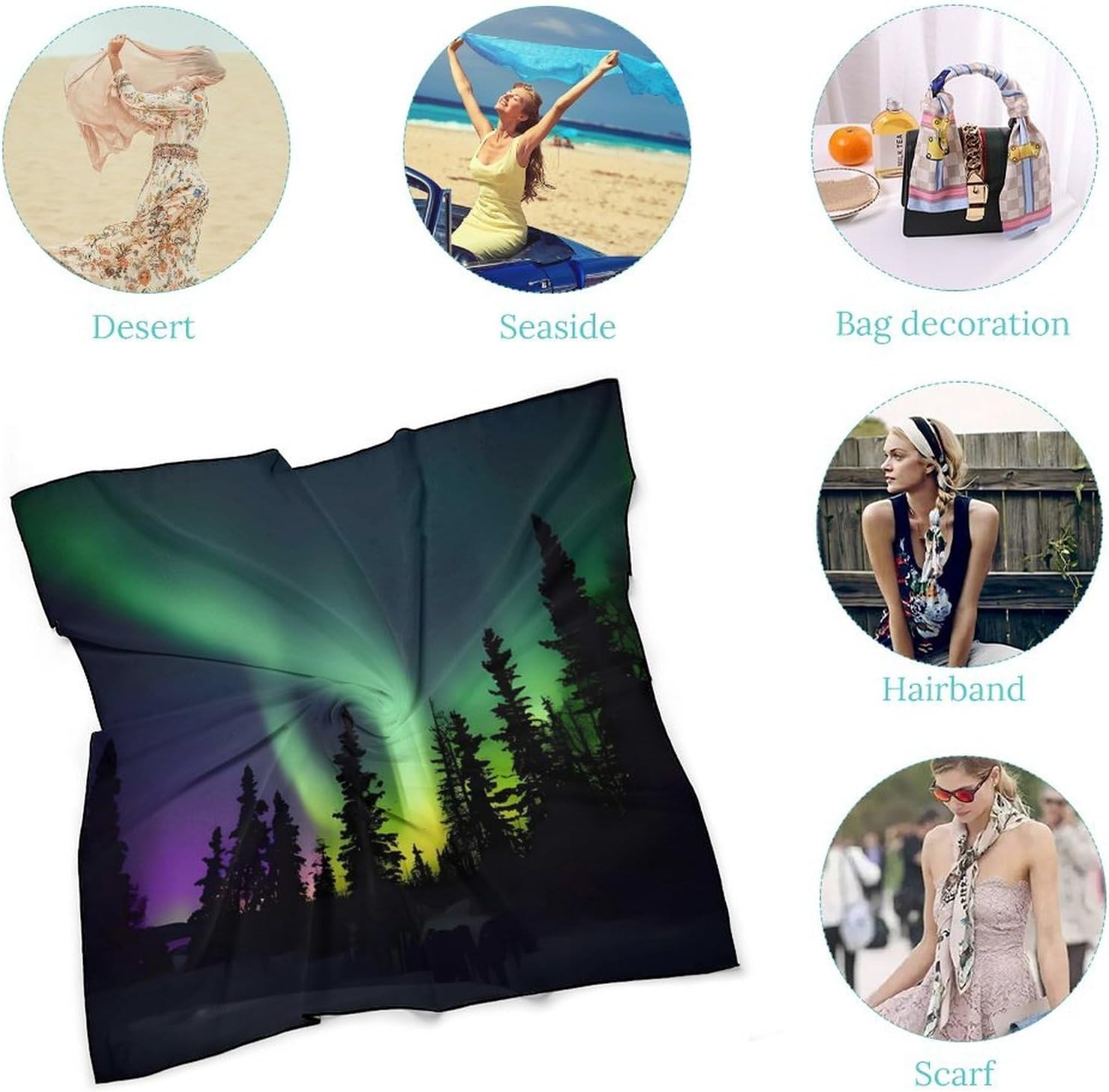 Square Dark Northern Lights Print Hair Scarf for Women 27 Inch Soft Silky Head Wrap & Neckerchief Lightweight Breathable Hair Bandana for Travel Wedding Daily Styling All Season & Fashion Accessory image 5