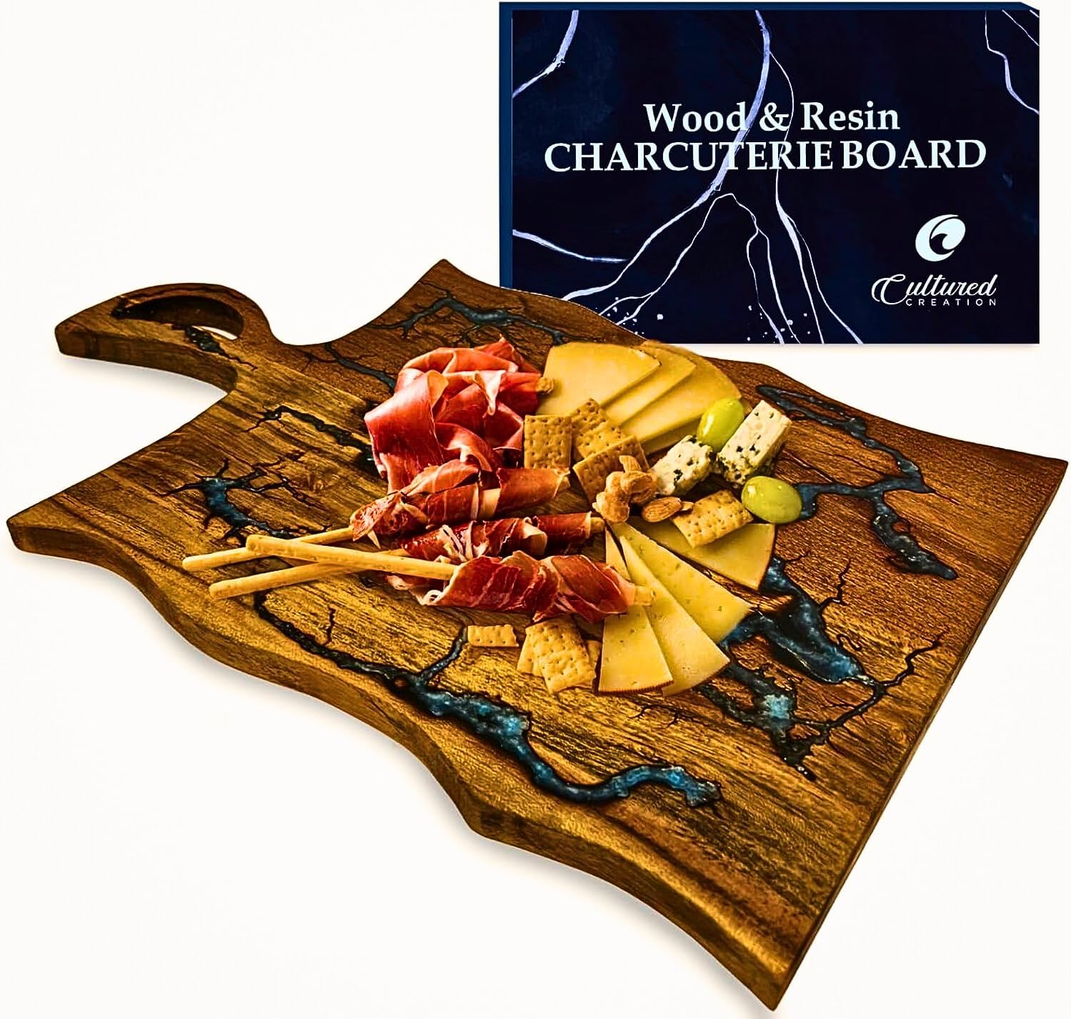 Charcuterie Board – Acacia Wood and Resin Cheese Board - Grazing Platter and Serving Tray for Entertaining - Wedding & Housewarming Gift