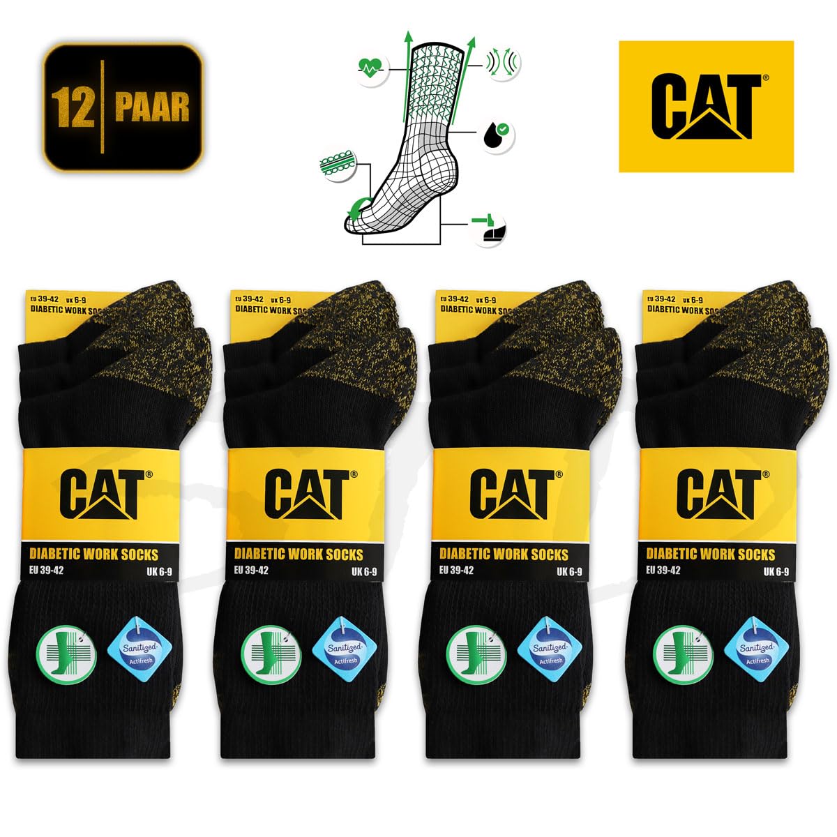 CAT CATERPILLAR - Calzini da lavoro per diabetici, da uomo, comodi, senza gomma, in cotone di alta qualità, taglie 39-42 e 43-46