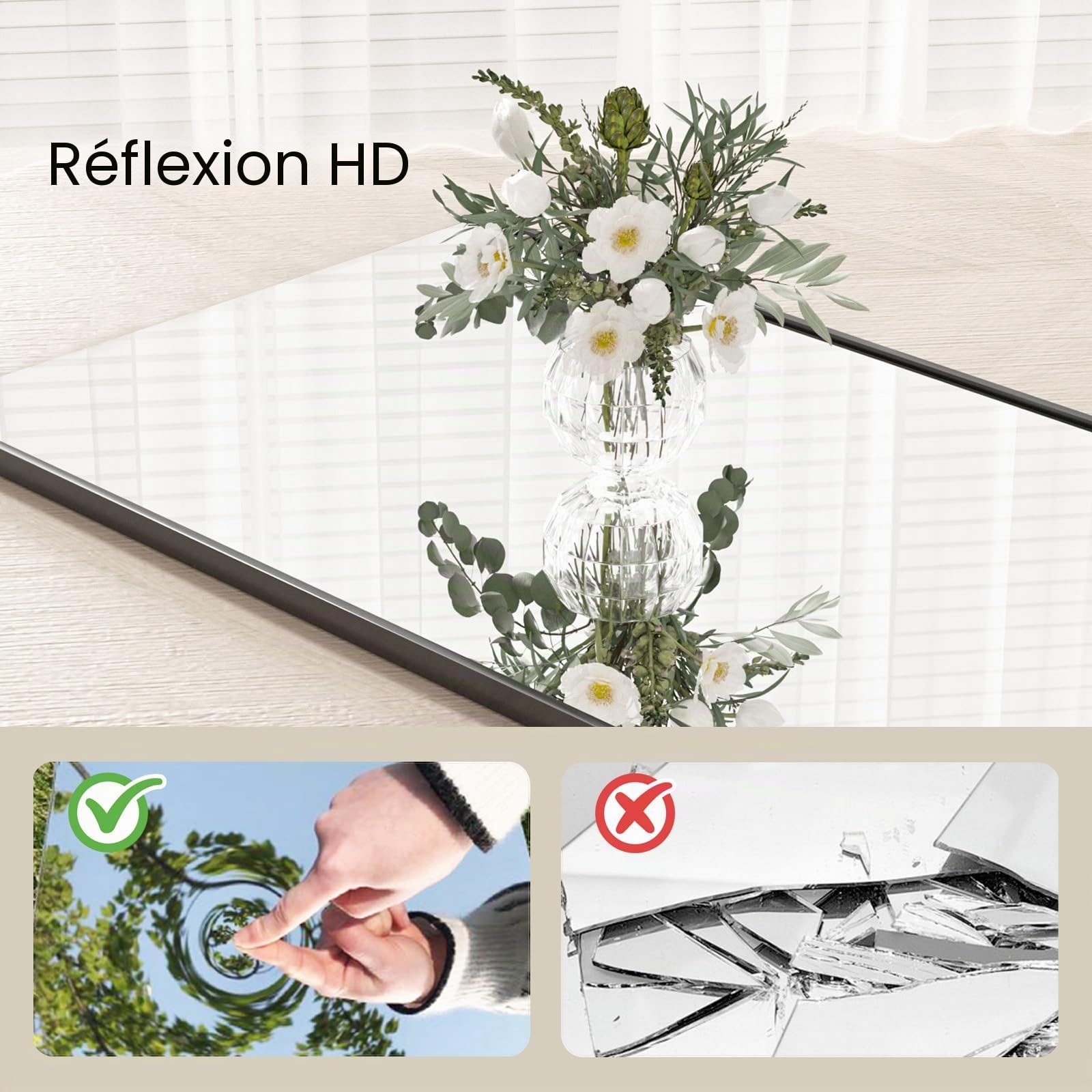 brisafe Grand Miroir Pleine Longueur 180 x 180 cm sur Pied 3 Côtés Pliable avec Roulettes Rotatif 360° Nano Incassable Blanc