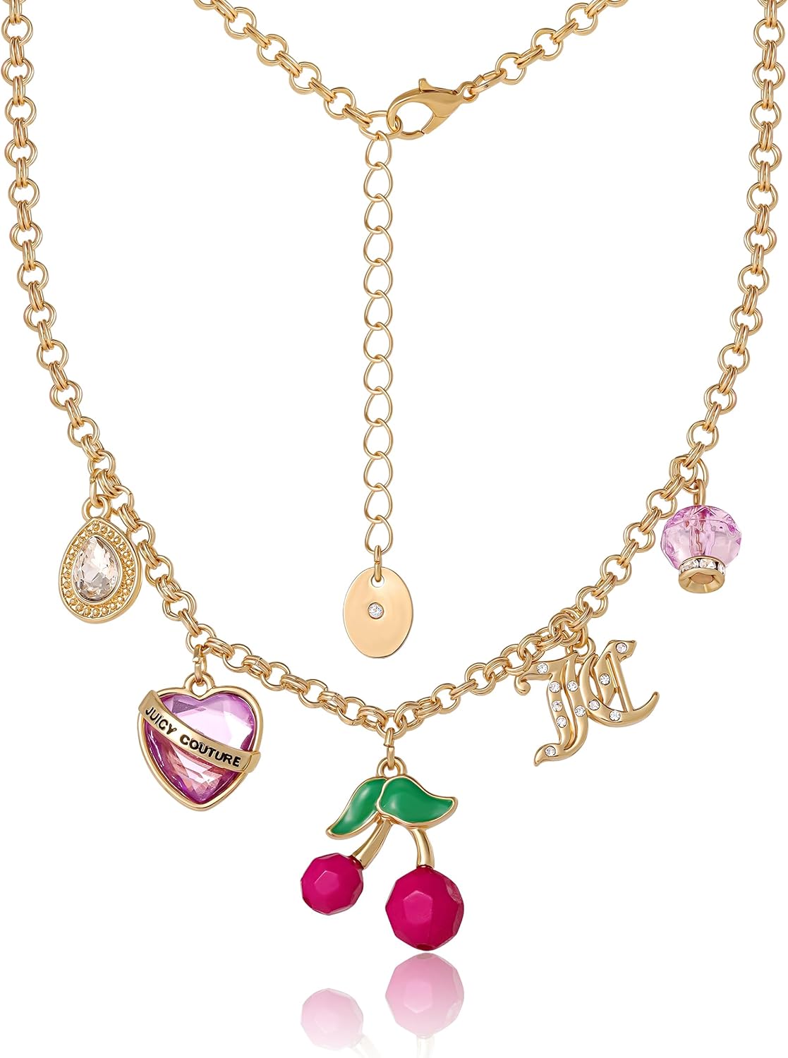 Juicy Couture Cherry Necklace for Women 18"+2", Gold-Tone Charm Necklace with 5 Charms, Juicy Gifts