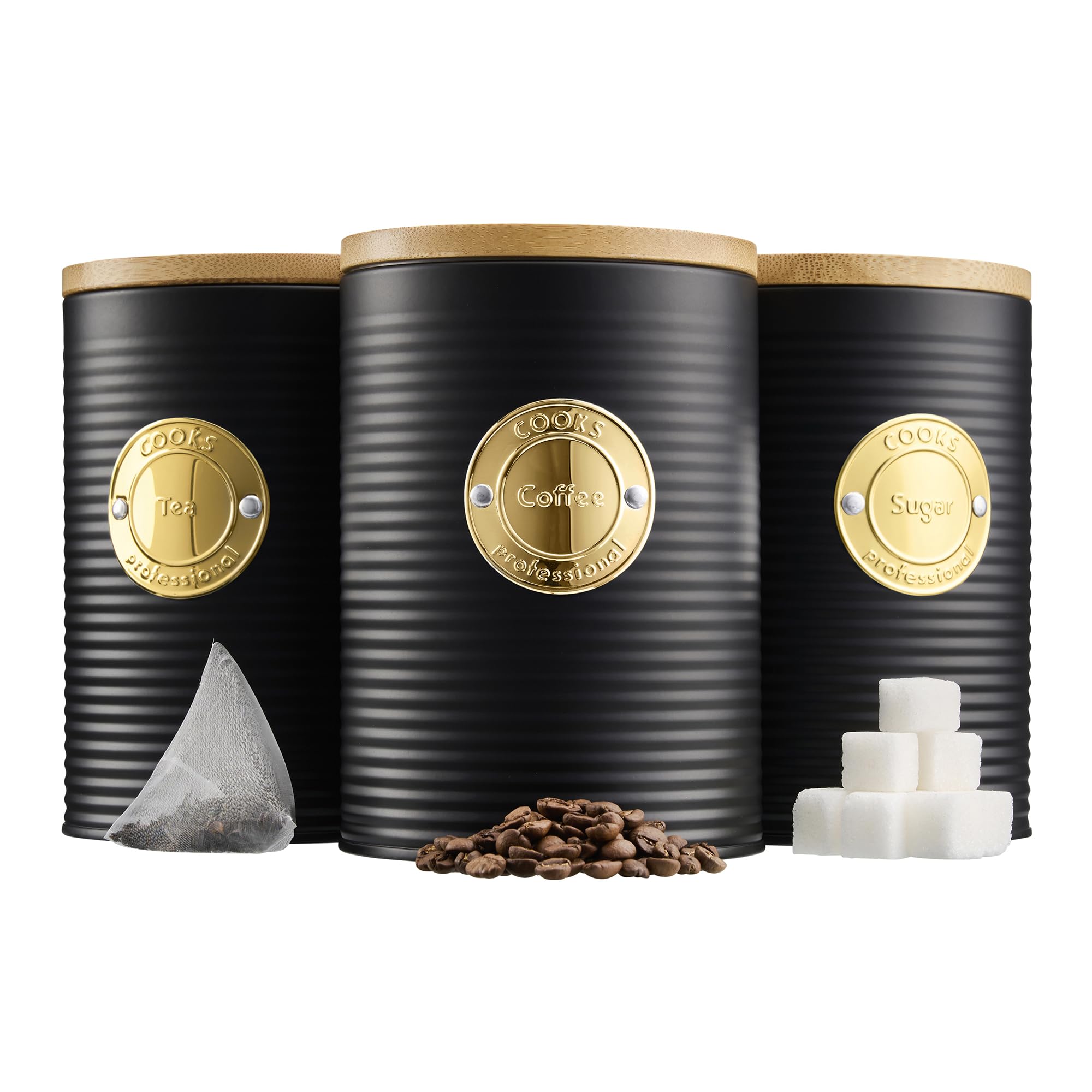 Cooks Professional 3 Piece Ribbed Tea, Coffee, & Sugar Cannisters with Air-Tight Bamboo Lids | Stainless Steel Kitchen Storage Bin Set | Modern & Stylish | Black & Gold โ image 1