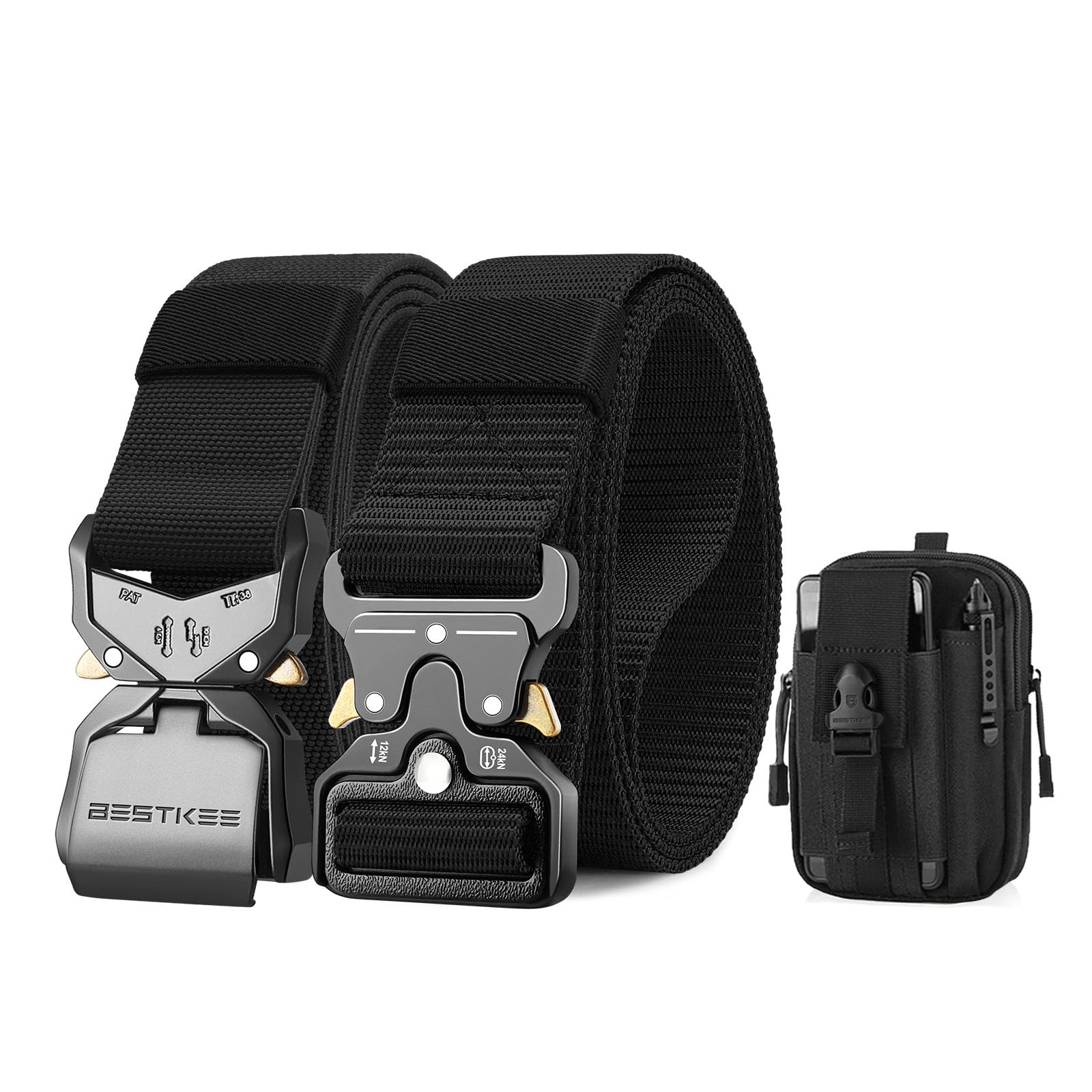 BESTKEE 2er Herren Taktischer Gürtel 1,5-Zoll-Hochleistungsgürtel, Nylon Schnellverschluss-Metallschnalle, Geschenk mit taktischem Molle-Beutel