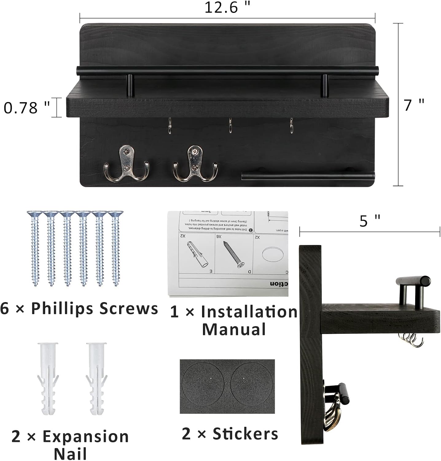 OurWarm Key Holder for Wall Decorative with 5 Key Hooks, Wooden Key Mail Organizer Wall Mount, Farmhouse Key Hanger for Wall with Mail Key Rack, Rustic Entryway Hallway Home Decor (Black)