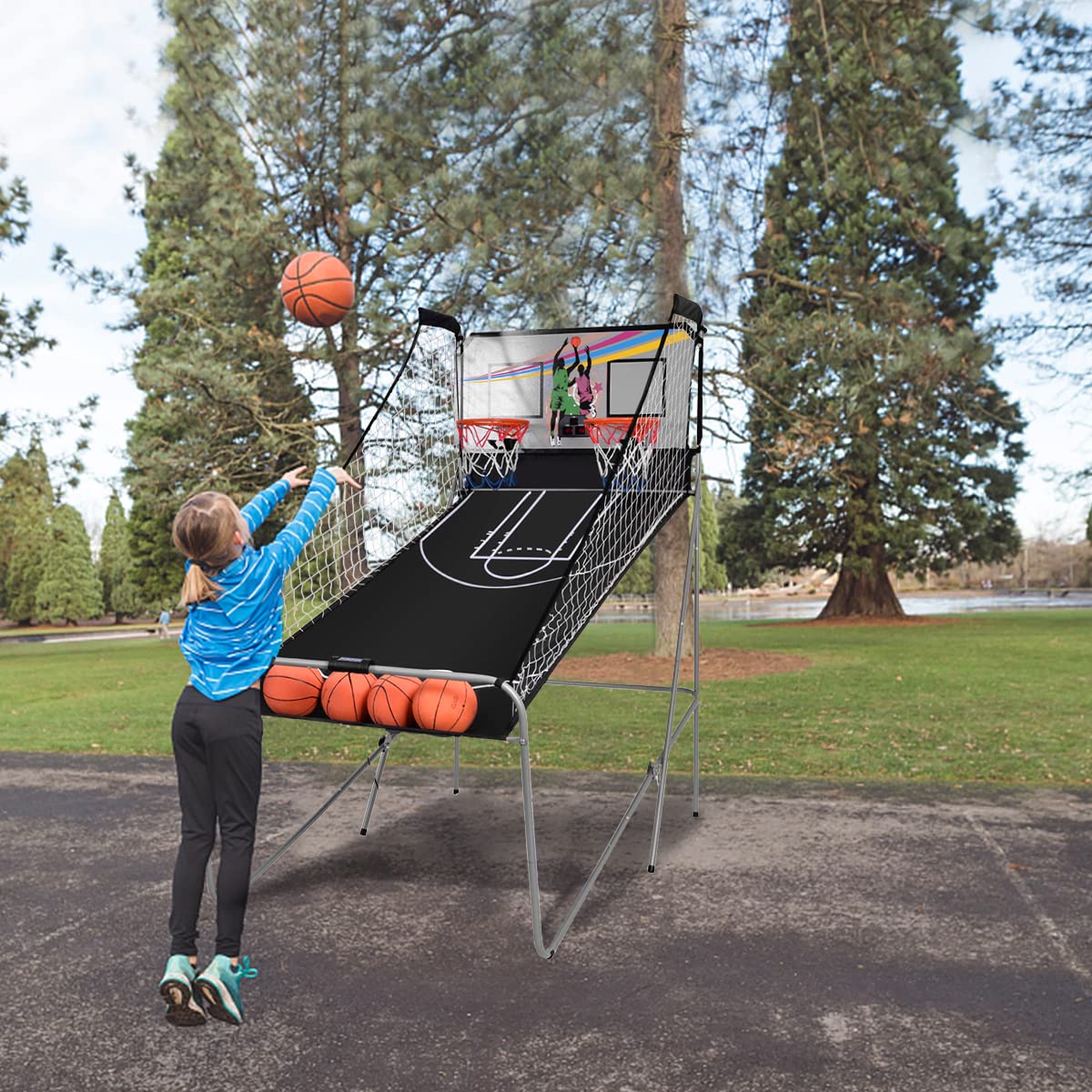 GYMAX Juguete de Baloncesto, Canasta de Baloncesto Plegable con 8 Ajustes de Juego, Pantalla Electrónica, 4 Pelotas y 2 Cestos, Máquina de Tiro para Adultos y Niños