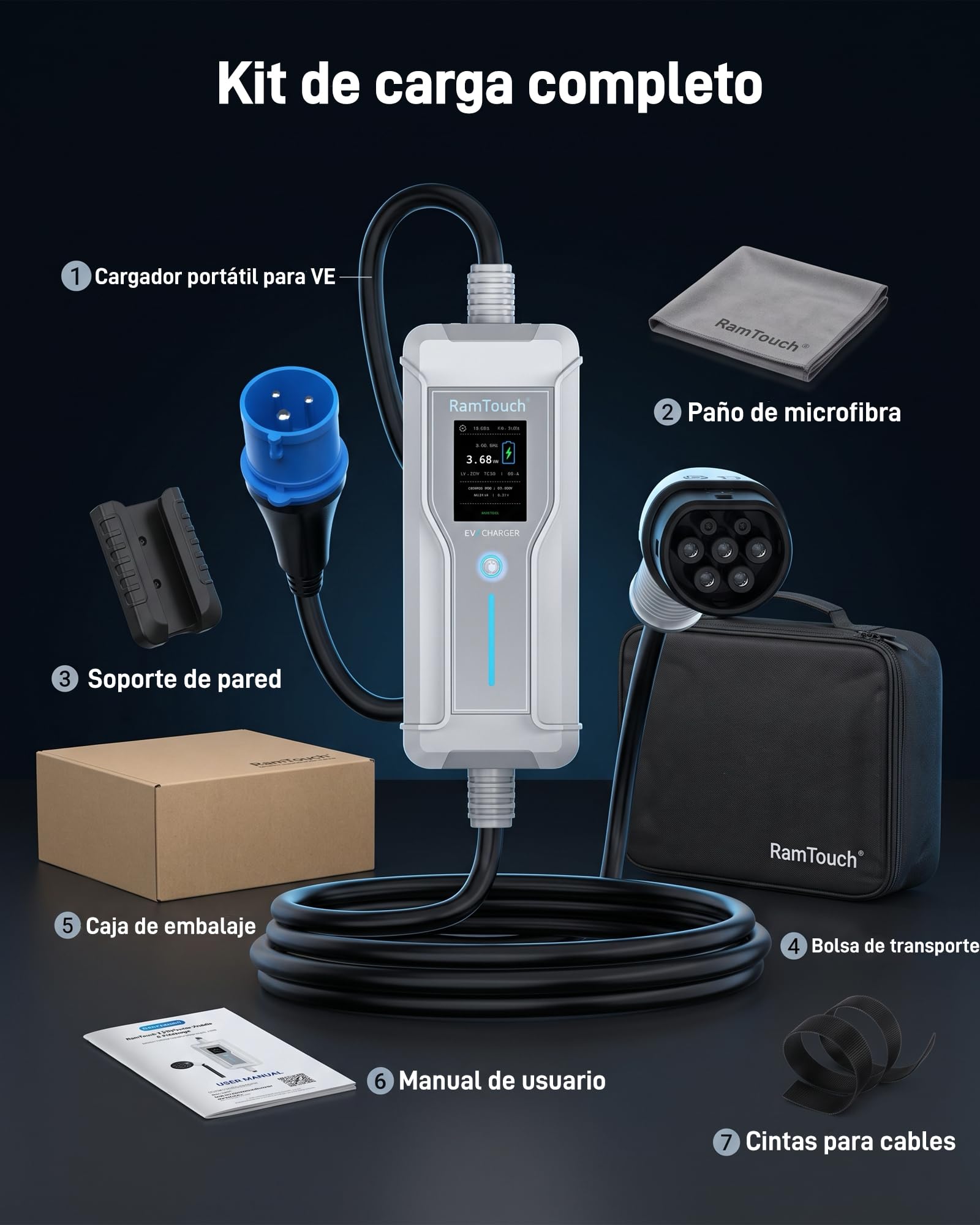 Cargador EV (3,7 kW, 16 A, 7,5 m) | CEE Azul Camping 16A a Tipo 2 | Monofásico | IP67 | 6–16 A | Timer + inicio diferido | LCD 2,4" | RCD CA/CC | Cable Modo 2 / wallbox móvil | para VE y PHEV