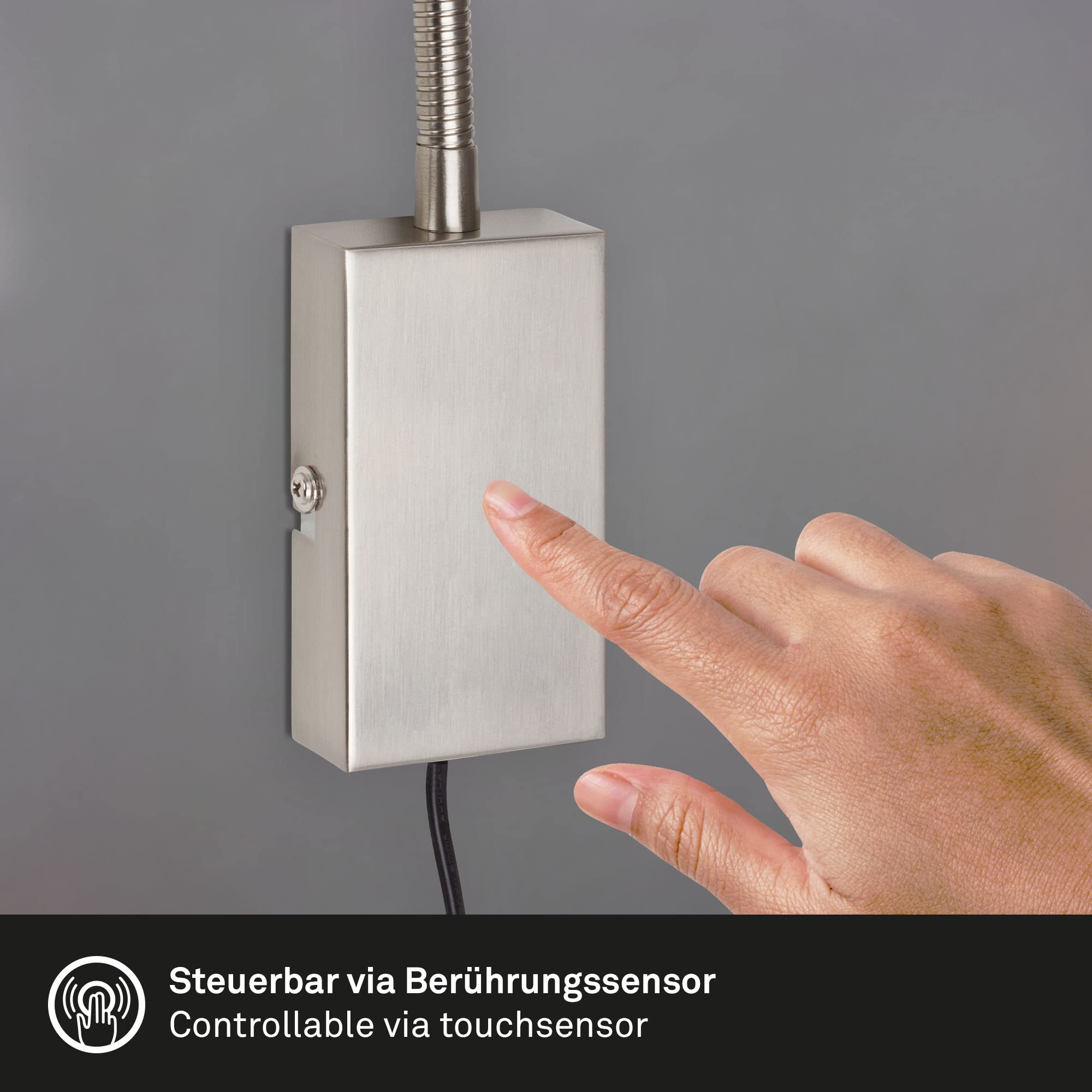 BRILONER Leuchten - Bettleuchte, Wandleuchte, Leselampe inkl. Flexarm, An-/Ausschalter via Touchfunktion, 1x LED/GU10, 5 Watt, 400 Lumen, 3.000 Kelvin, Metall, Matt-Nickel, 2085-012