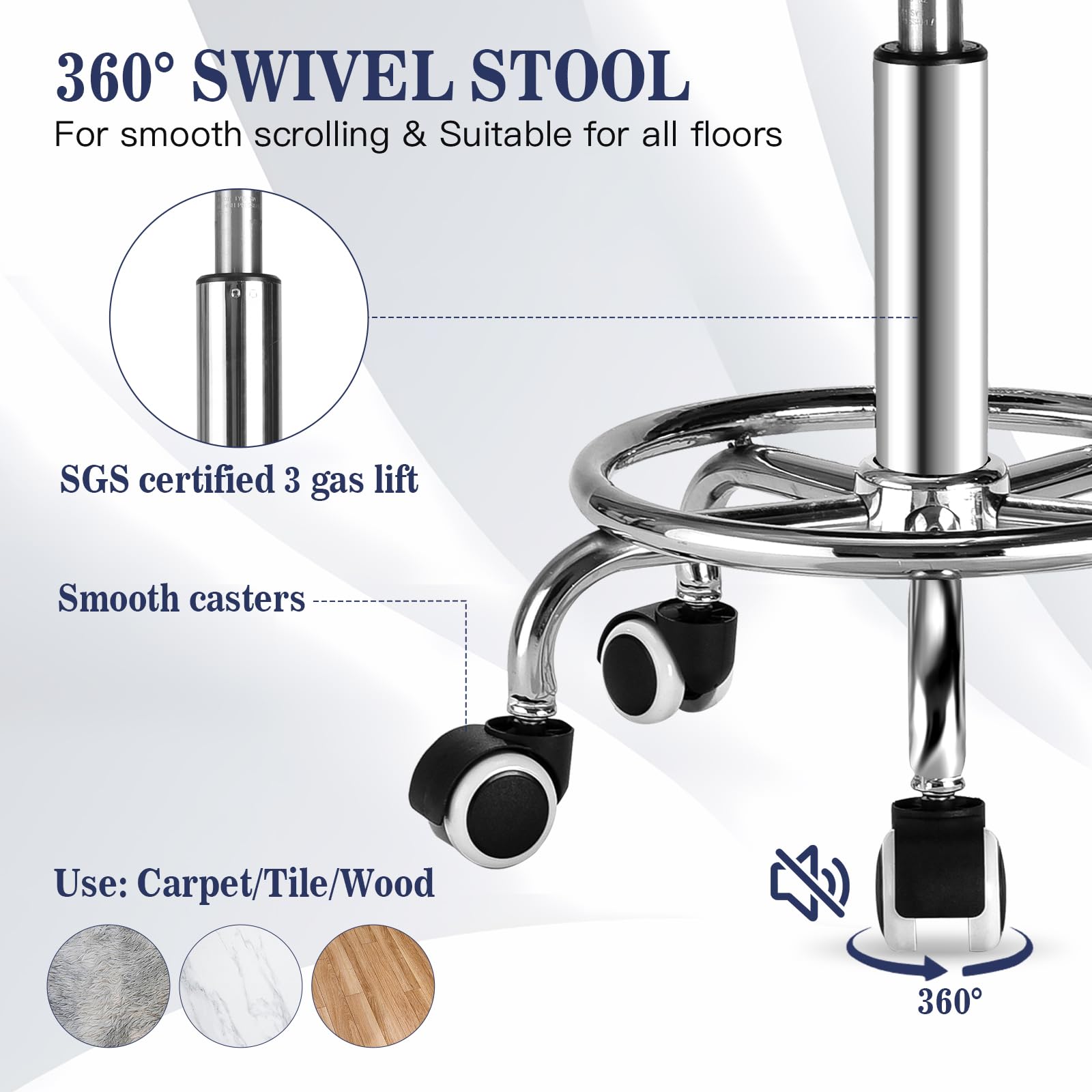 Premium Black Rolling Stool with Wheels, Adjustable Height and Swivel Seat