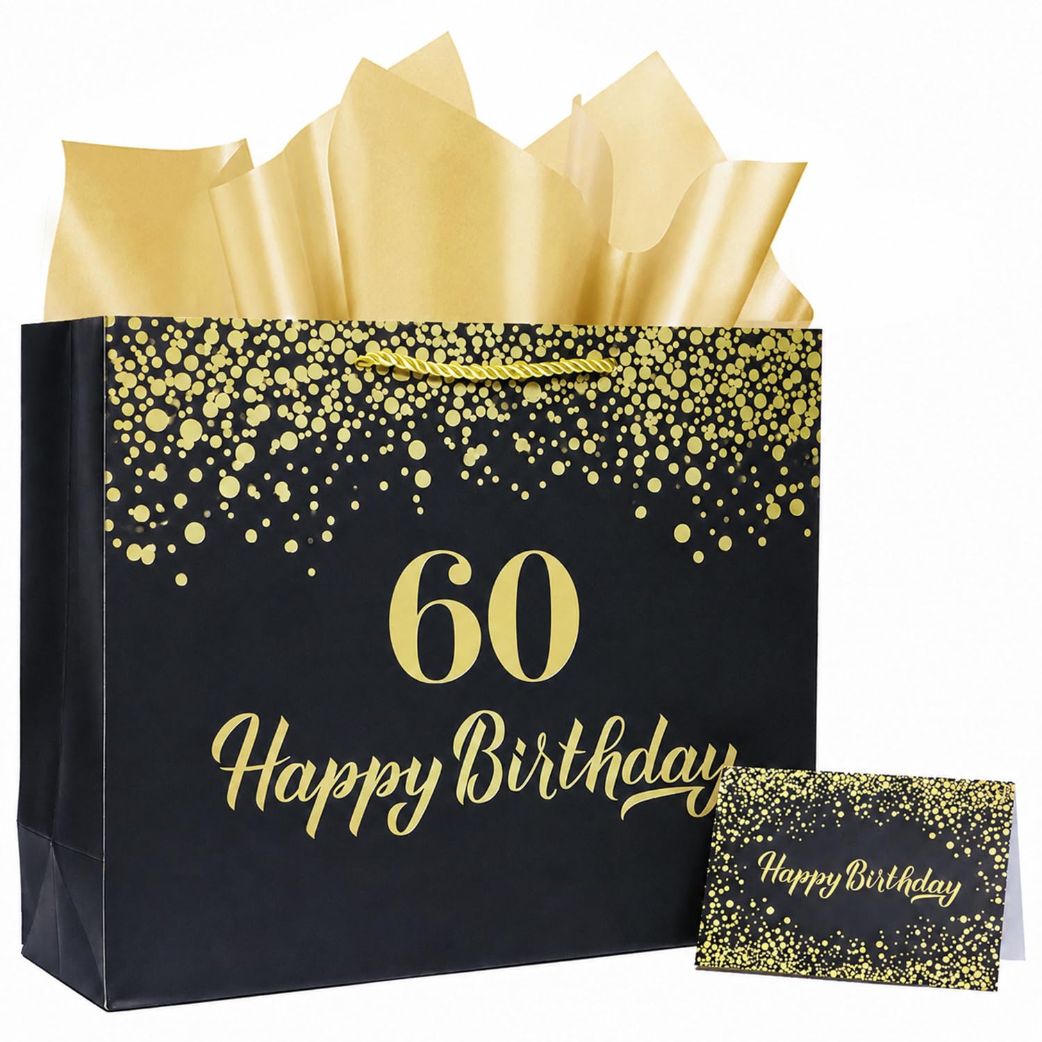 Black 13.3' Large 60th Birthday Gift Bag with Tissue Paper and Greeting Card for Men Women's Birthday Supplies (Black 60th)